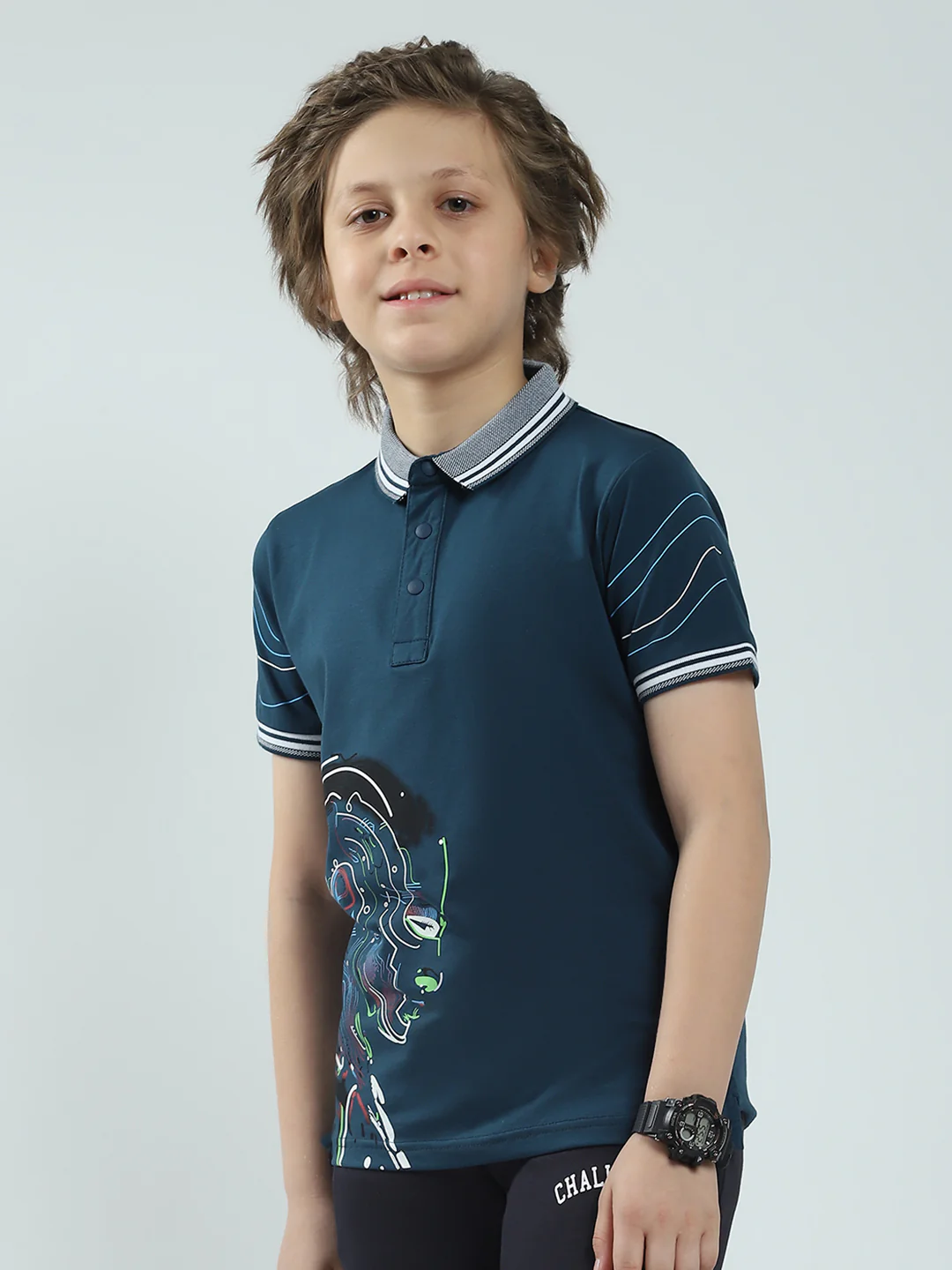 Boys Teal Blue Printed Collar Half Sleeve T-Shirt - Image 3
