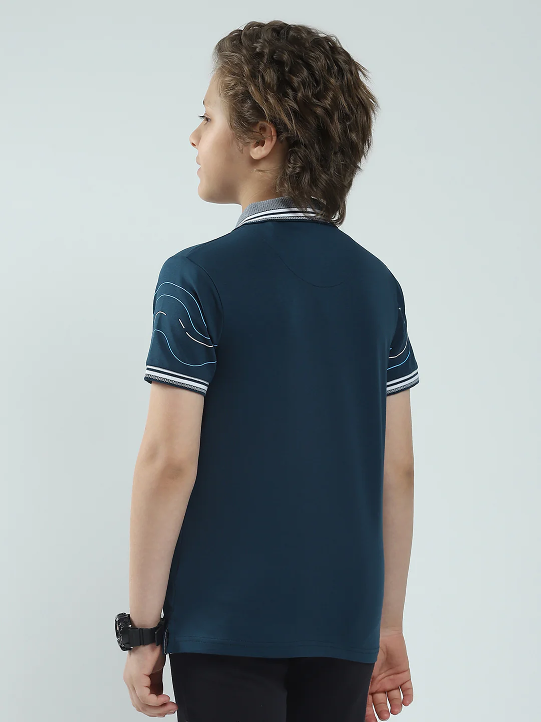 Boys Teal Blue Printed Collar Half Sleeve T-Shirt - Image 5