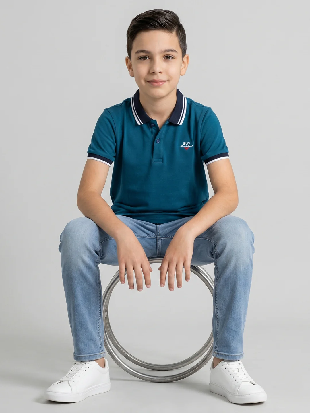 Boys Teal Blue Printed Collar Half Sleeve T-Shirt - Image 5