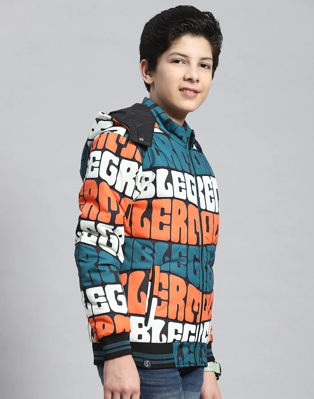 Boys Teal Blue Printed Hooded Full Sleeve Boys Jacket - Image 4