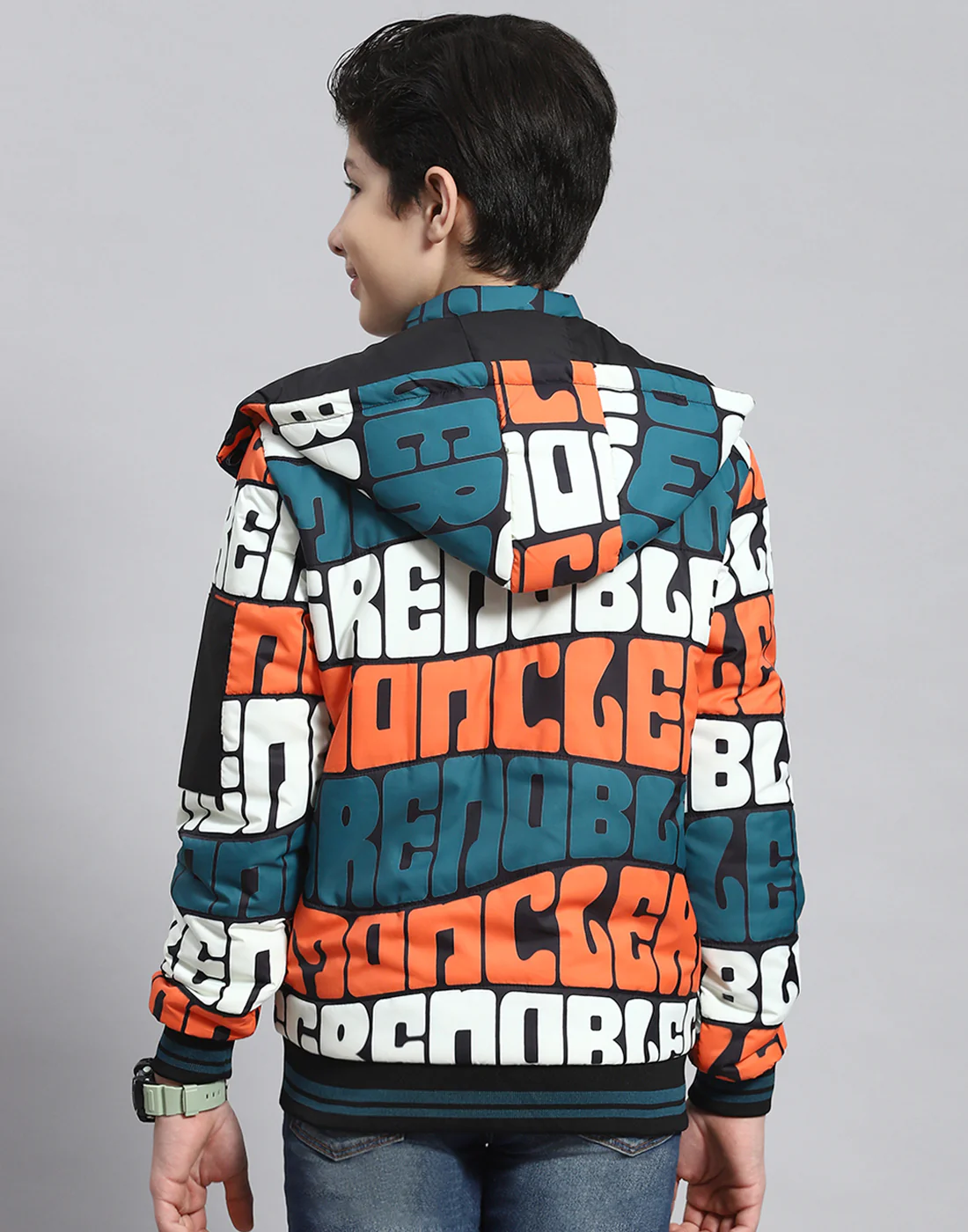 Boys Teal Blue Printed Hooded Full Sleeve Boys Jacket - Image 5