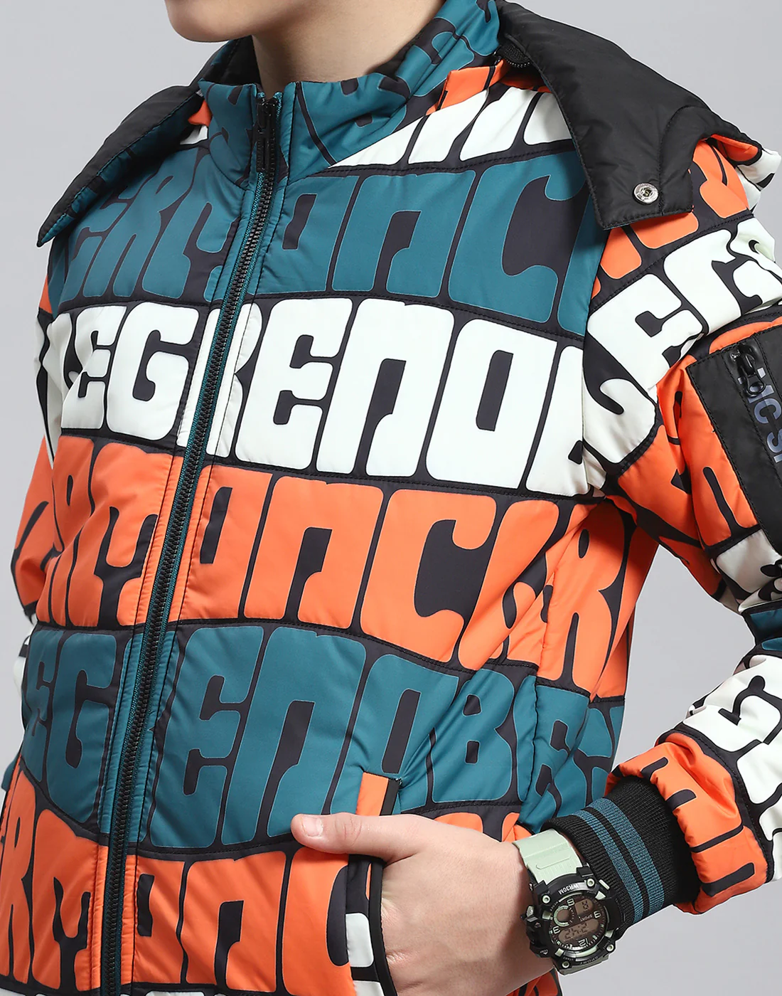 Boys Teal Blue Printed Hooded Full Sleeve Boys Jacket - Image 8
