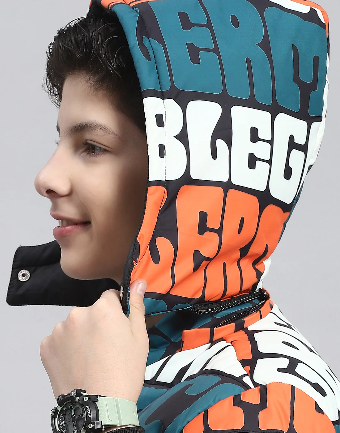 Boys Teal Blue Printed Hooded Full Sleeve Boys Jacket - Image 9
