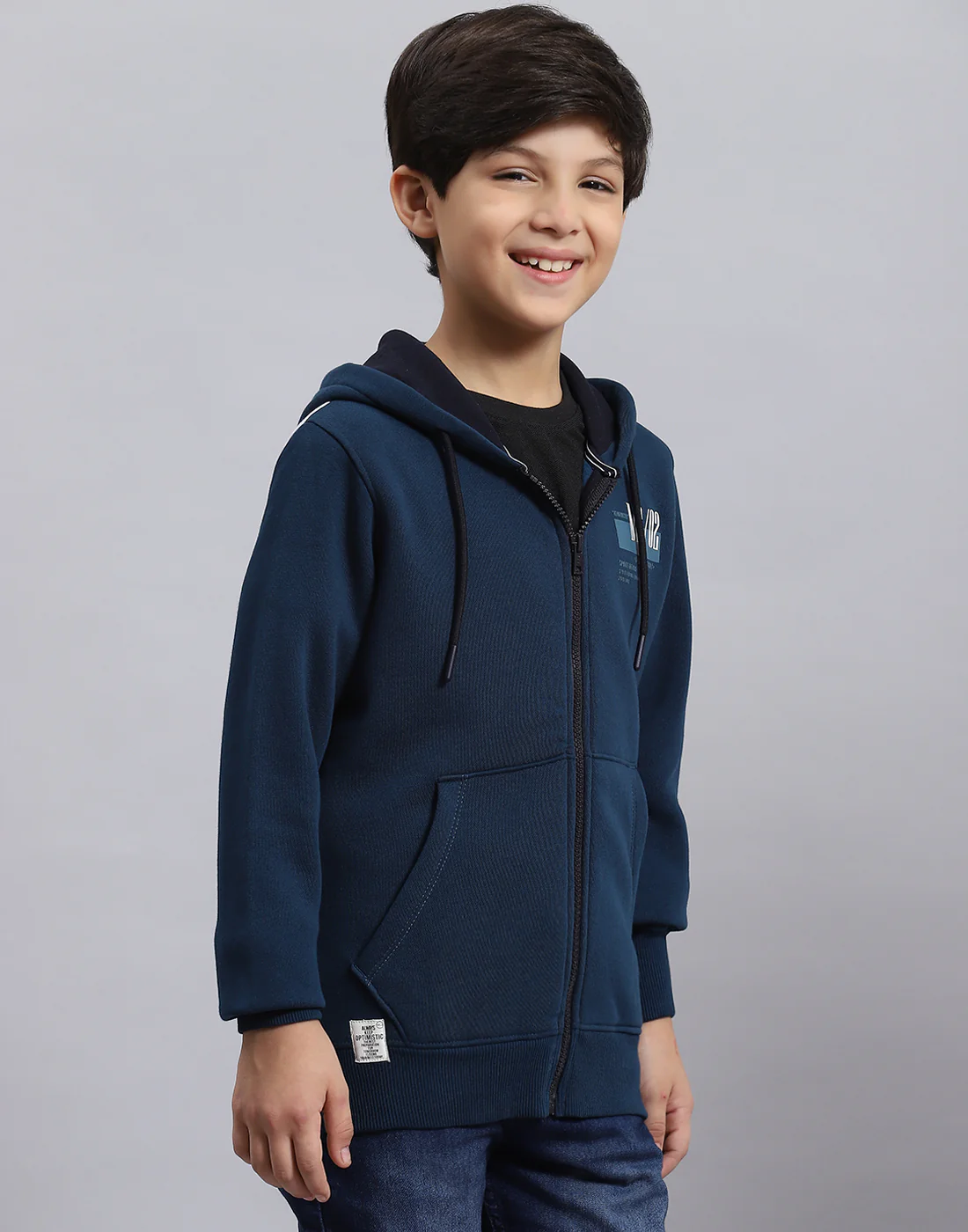 Boys Teal Blue Printed Hooded Full Sleeve Sweatshirt - Image 4