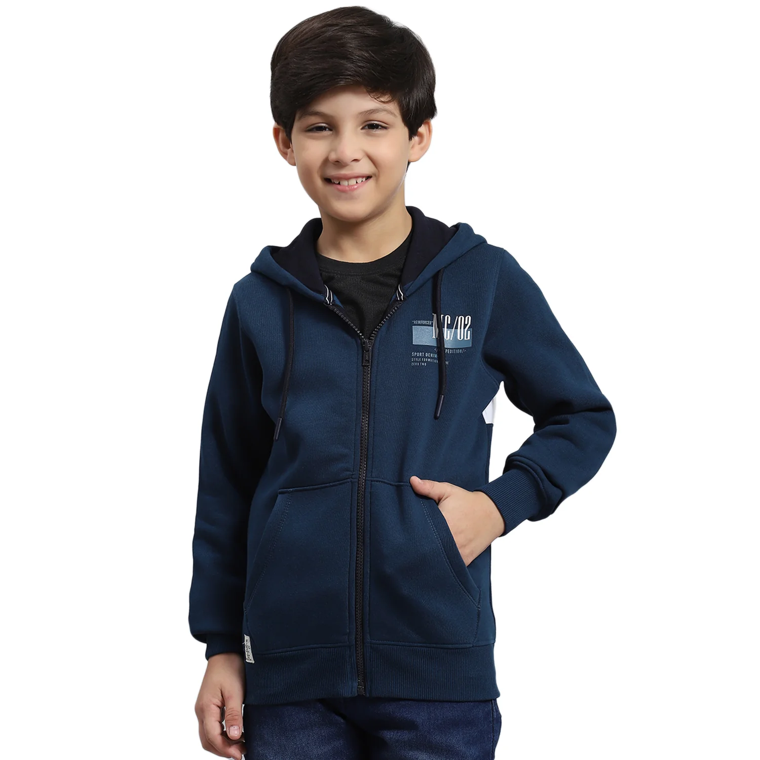 Boys Teal Blue Printed Hooded Full Sleeve Sweatshirt - Image 5