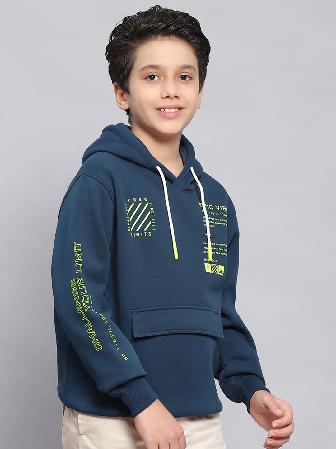 Boys Teal Blue Printed Hooded Full Sleeve Sweatshirt - Image 4