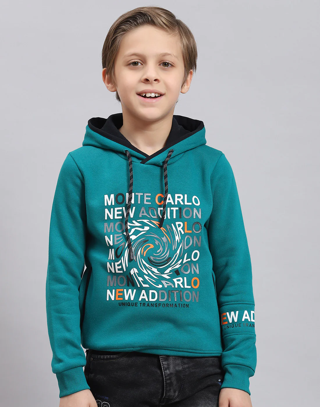 Boys Teal Blue Printed Hooded Full Sleeve Sweatshirt - Image 2
