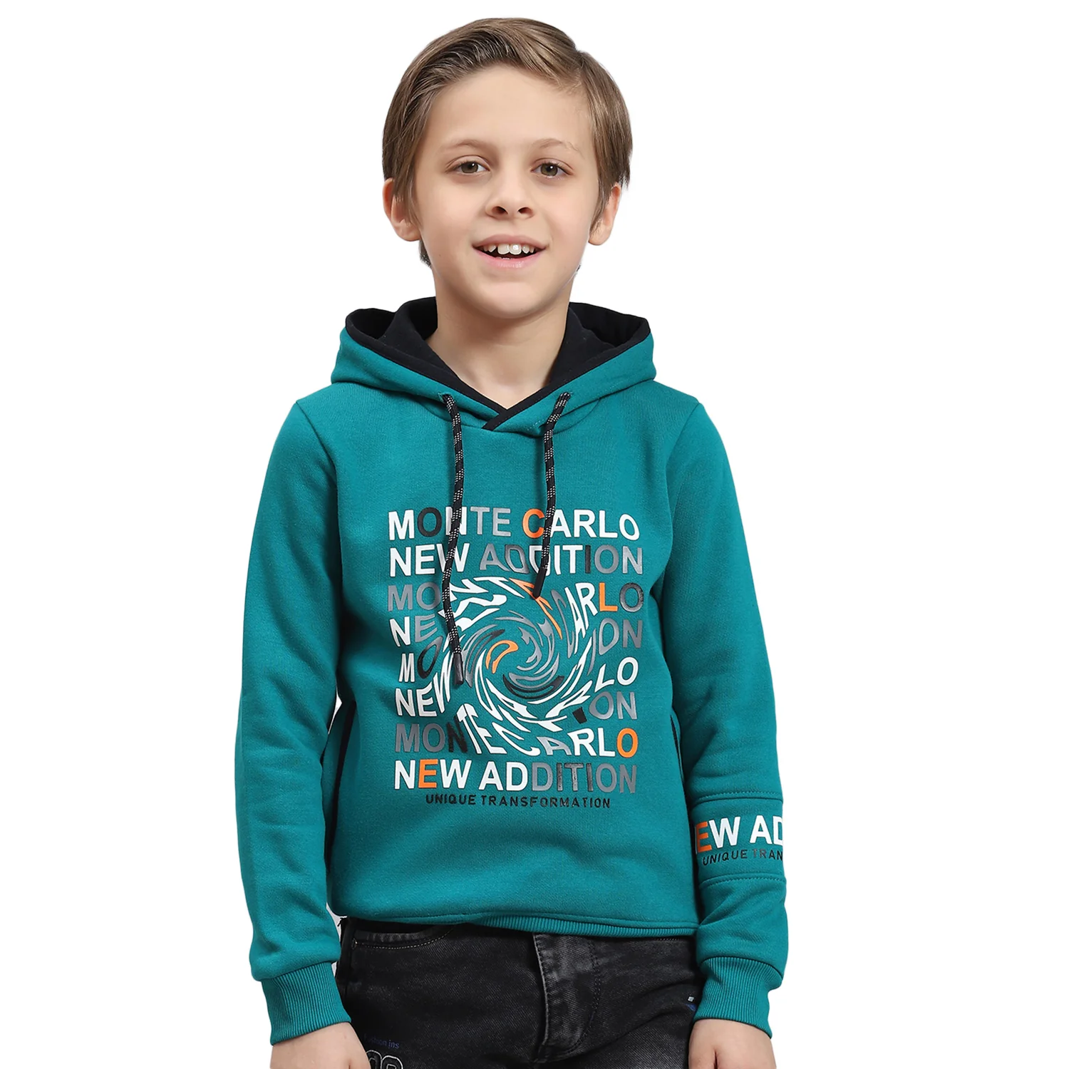 Boys Teal Blue Printed Hooded Full Sleeve Sweatshirt - Image 5