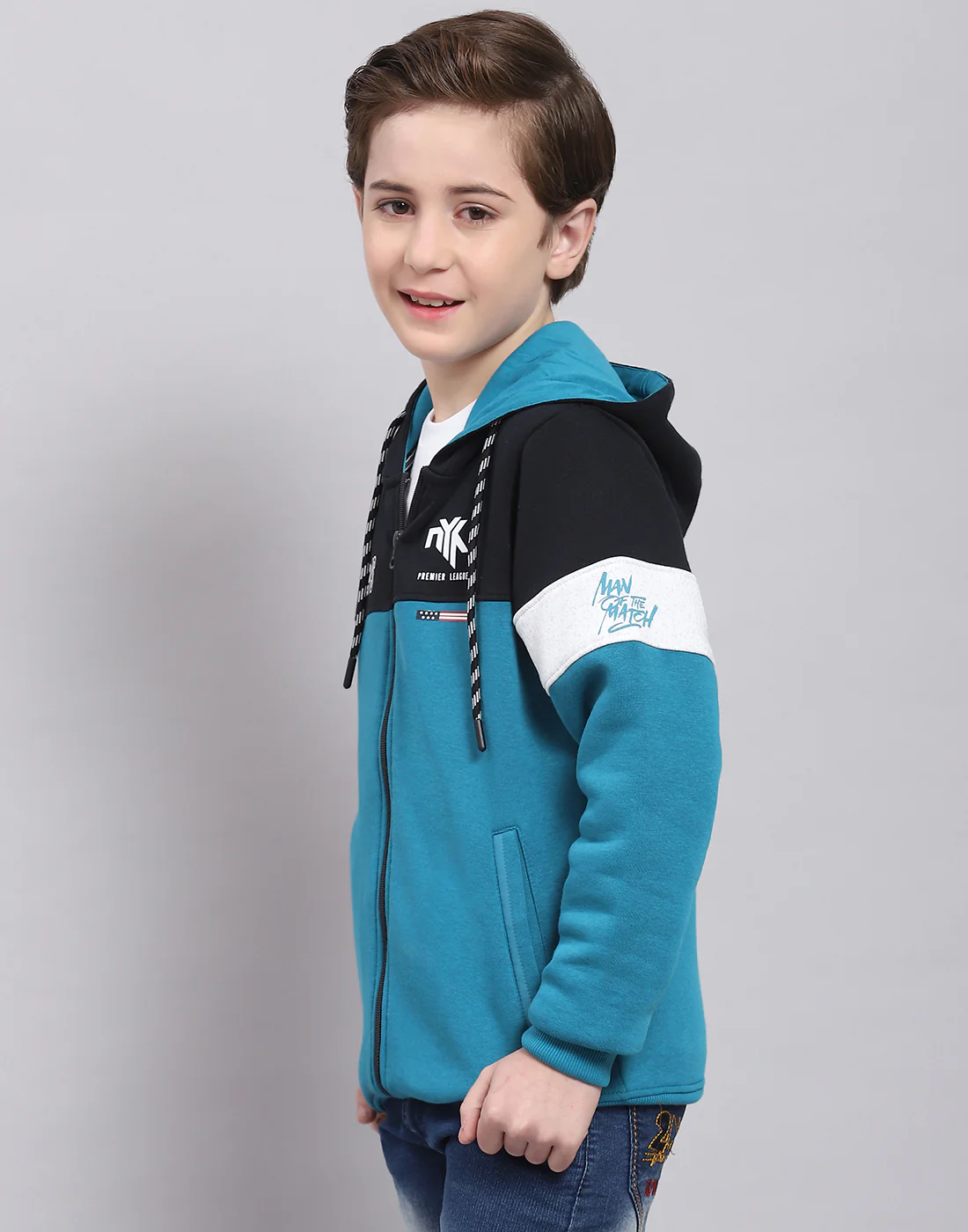 Boys Teal Blue Printed Hooded Full Sleeve Sweatshirt - Image 3