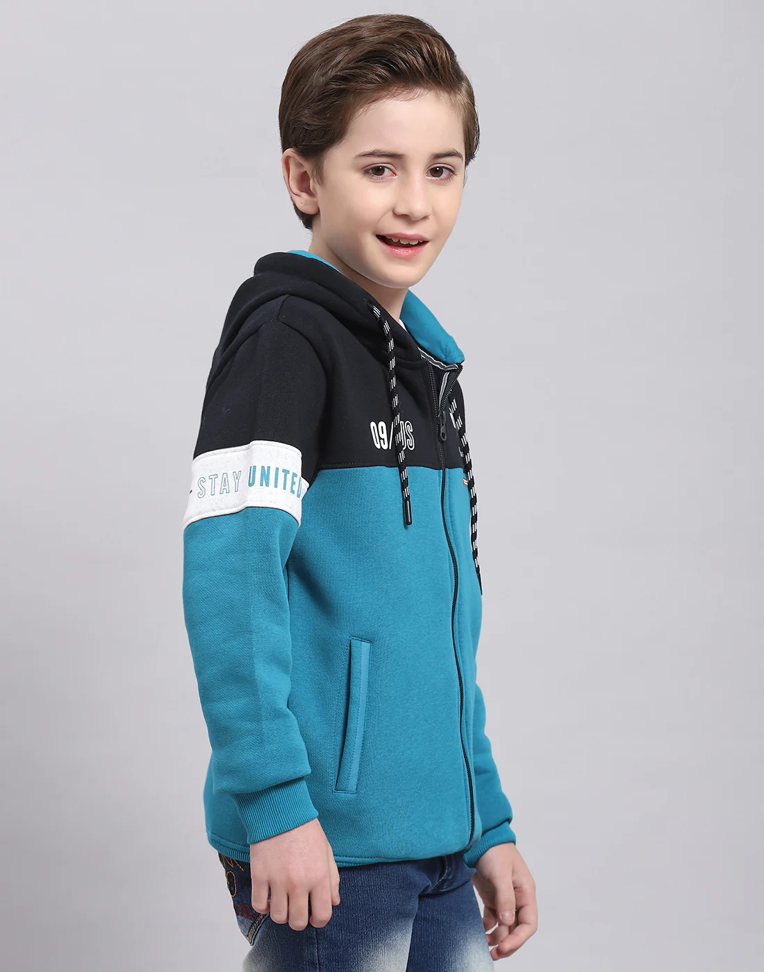 Boys Teal Blue Printed Hooded Full Sleeve Sweatshirt - Image 4