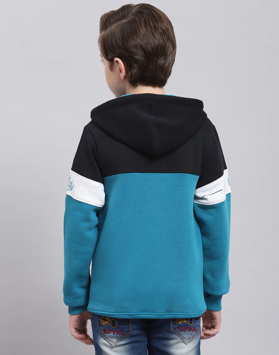 Boys Teal Blue Printed Hooded Full Sleeve Sweatshirt - Image 6