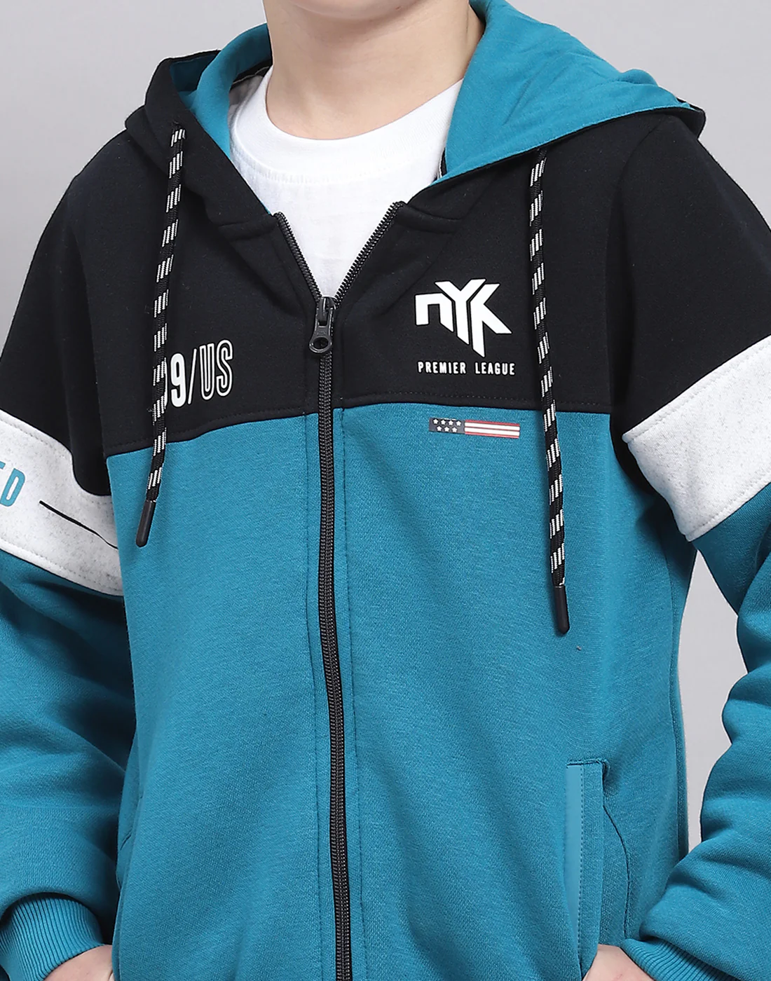 Boys Teal Blue Printed Hooded Full Sleeve Sweatshirt - Image 7