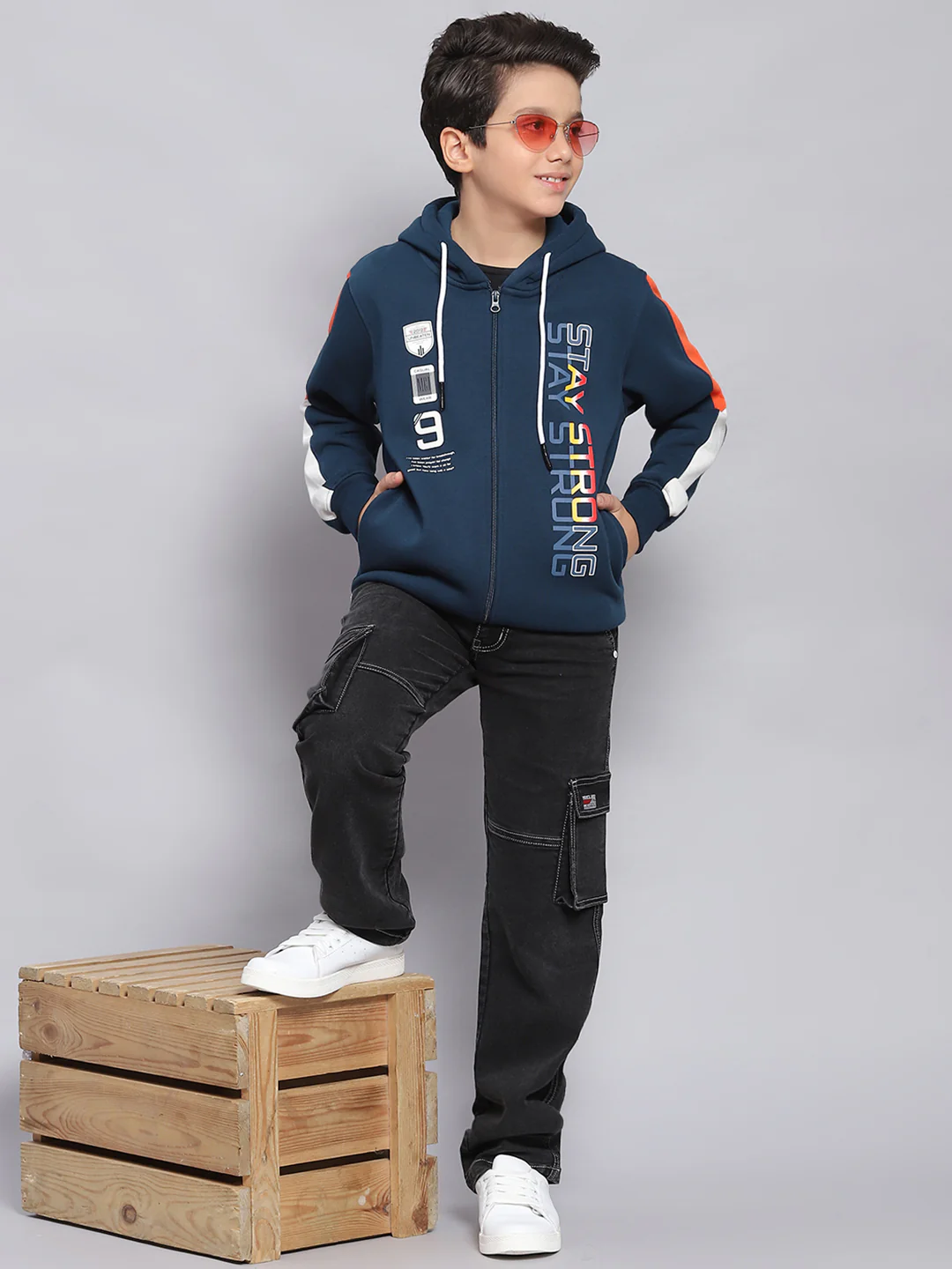 Boys Teal Blue Printed Hooded Full Sleeve Sweatshirt - Image 2