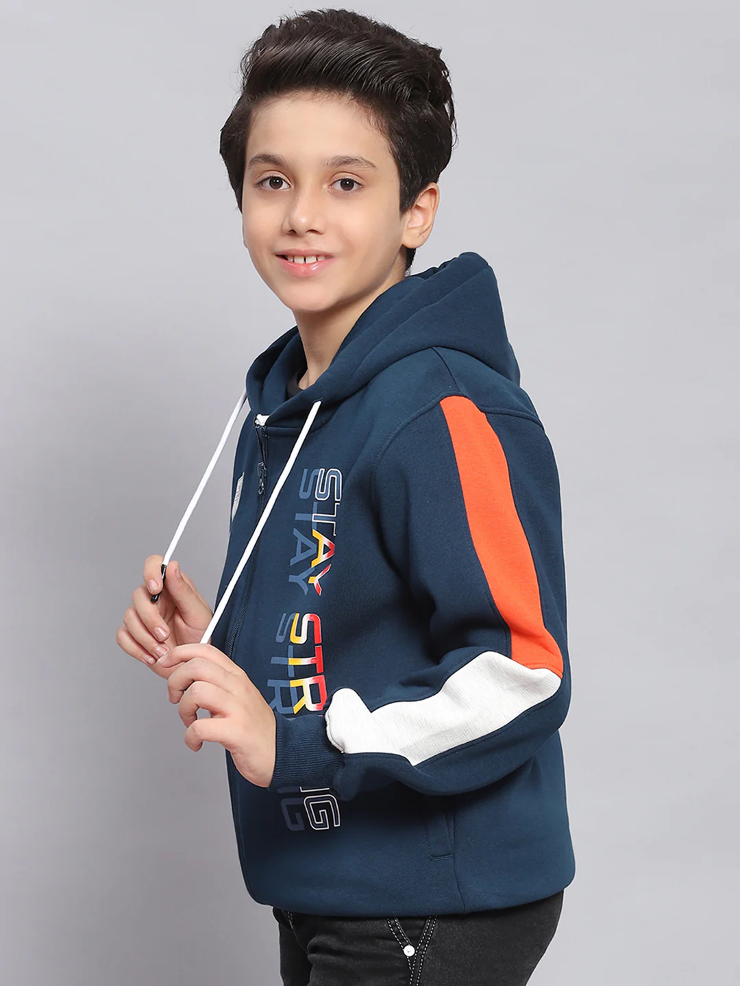Boys Teal Blue Printed Hooded Full Sleeve Sweatshirt - Image 3