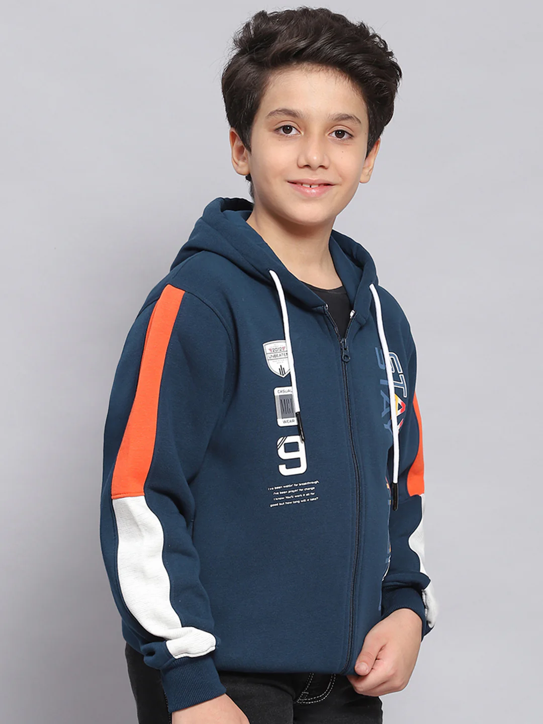 Boys Teal Blue Printed Hooded Full Sleeve Sweatshirt - Image 4