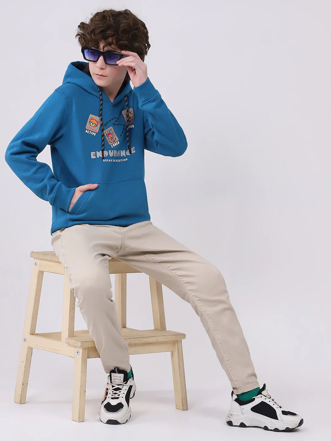 Boys Teal Blue Printed Hooded Full Sleeve Sweatshirt - Image 2