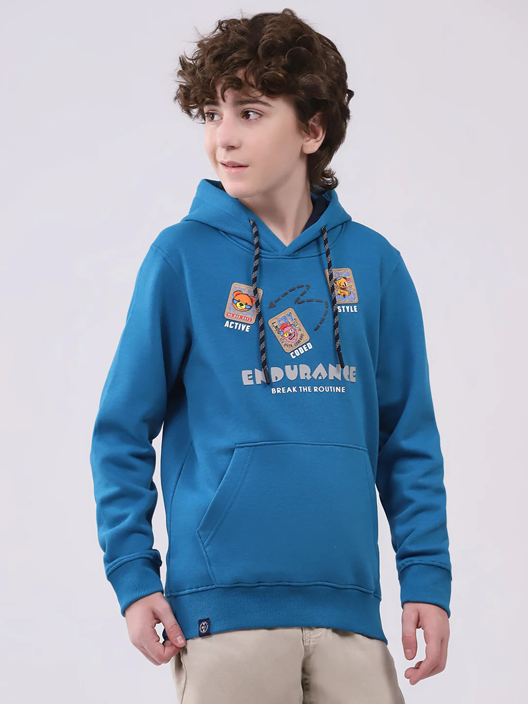 Boys Teal Blue Printed Hooded Full Sleeve Sweatshirt - Image 4