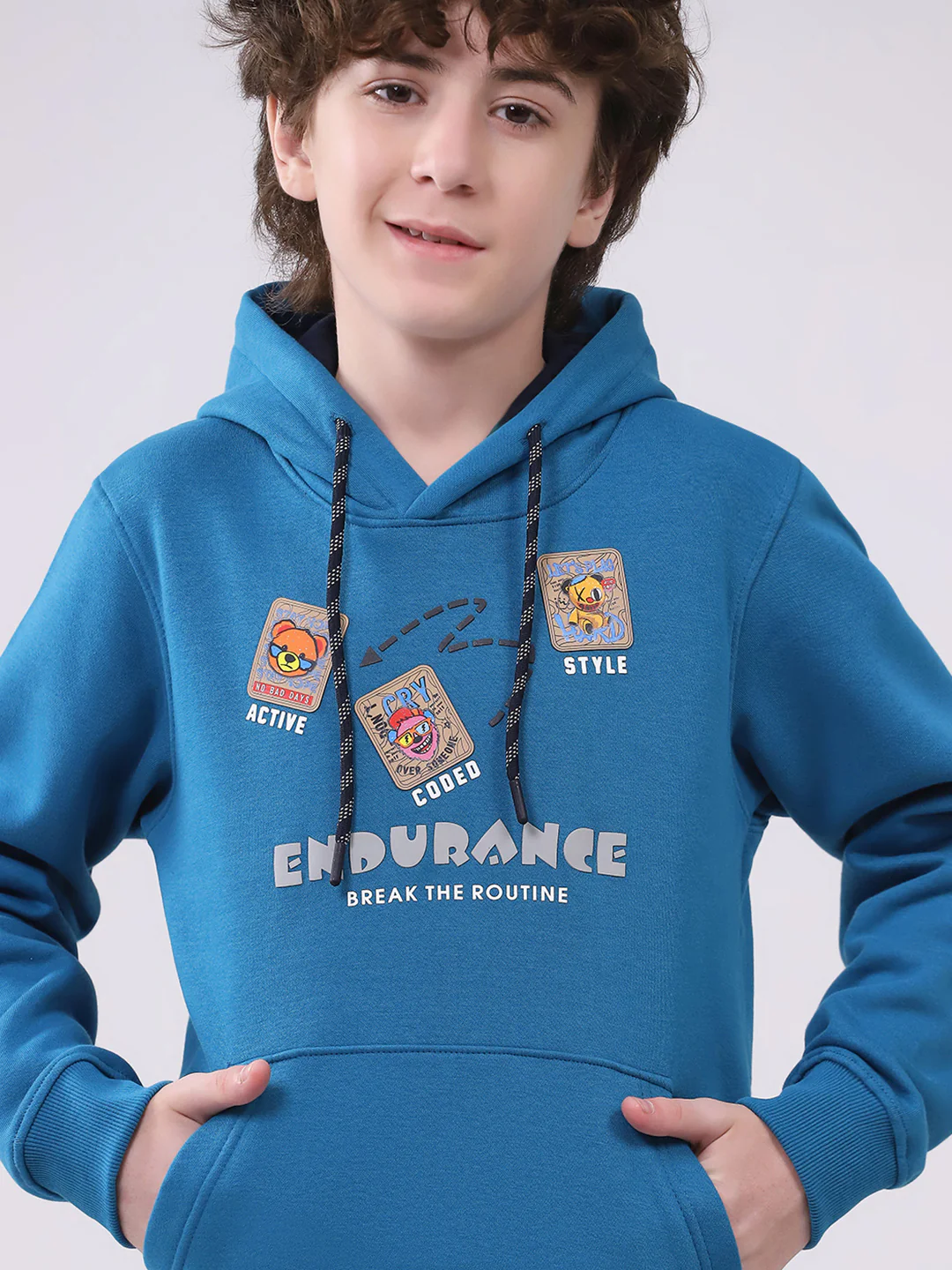 Boys Teal Blue Printed Hooded Full Sleeve Sweatshirt - Image 7