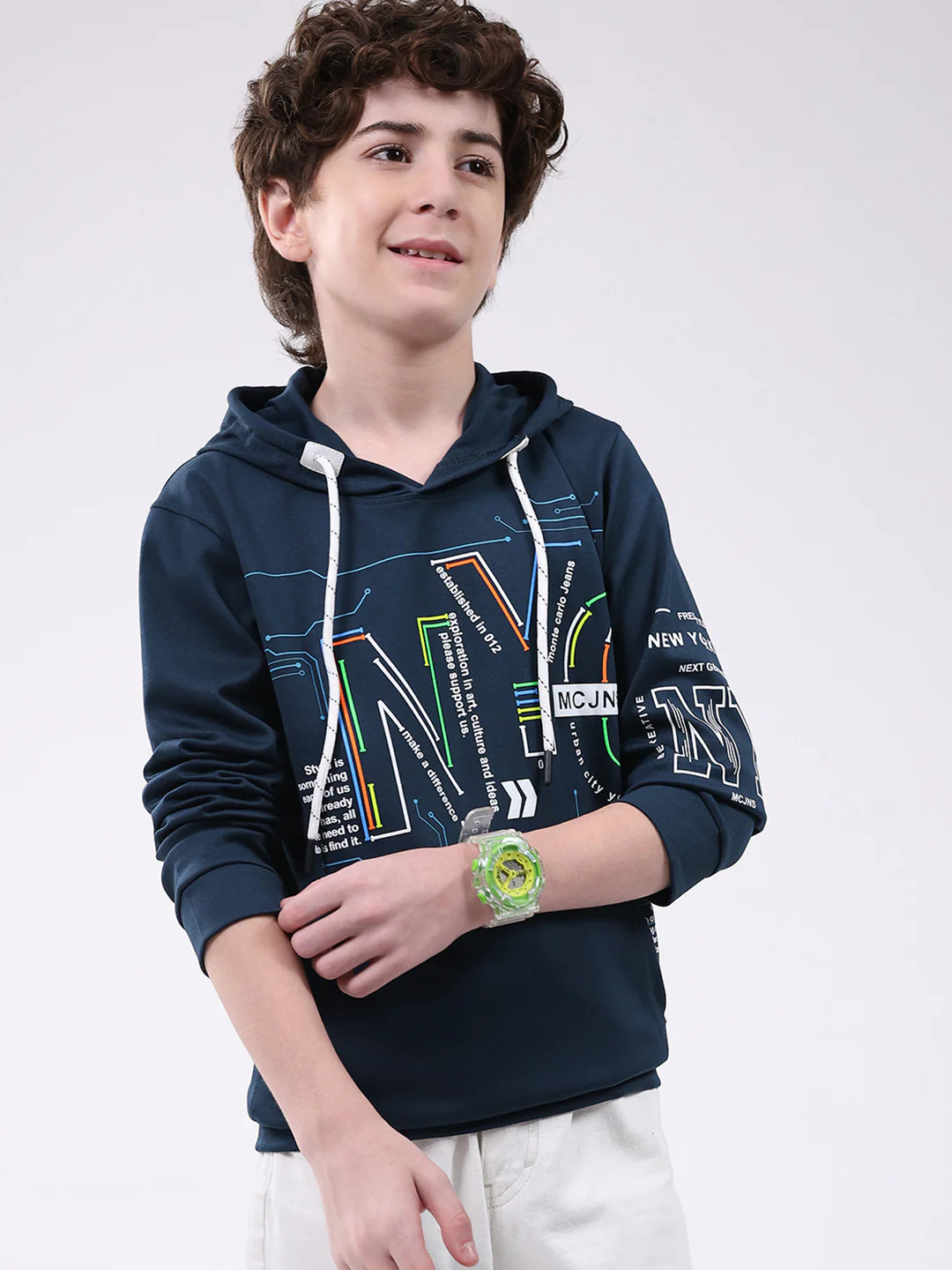 Boys Teal Blue Printed Hooded Full Sleeve Winter T-Shirt - Image 4