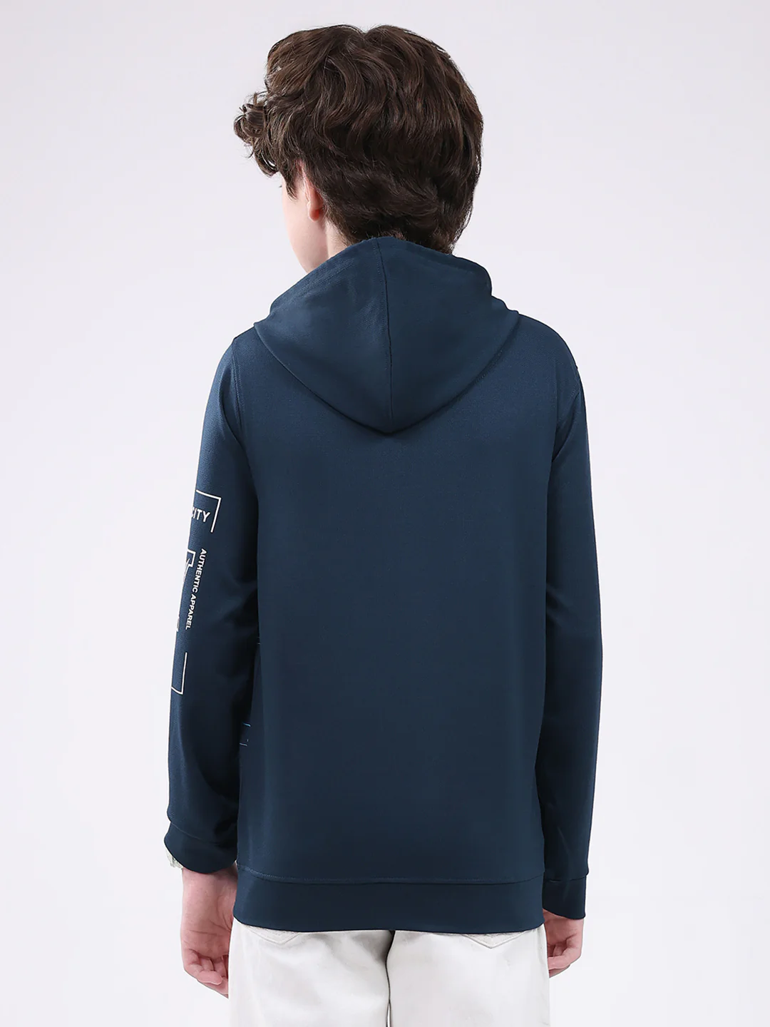 Boys Teal Blue Printed Hooded Full Sleeve Winter T-Shirt - Image 5