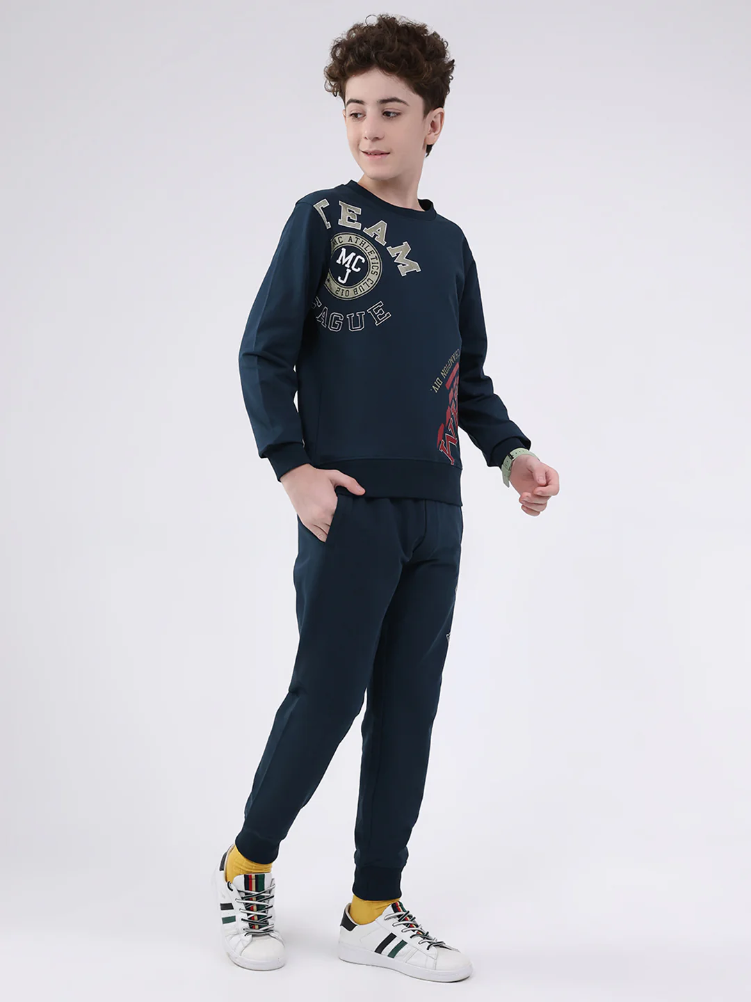 Boys Teal Blue Printed Round Neck Full Sleeve Cords Set - Image 4