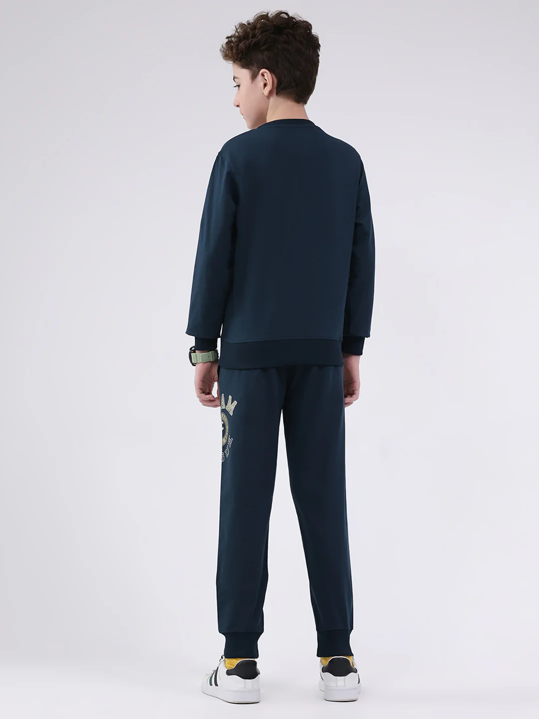 Boys Teal Blue Printed Round Neck Full Sleeve Cords Set - Image 5