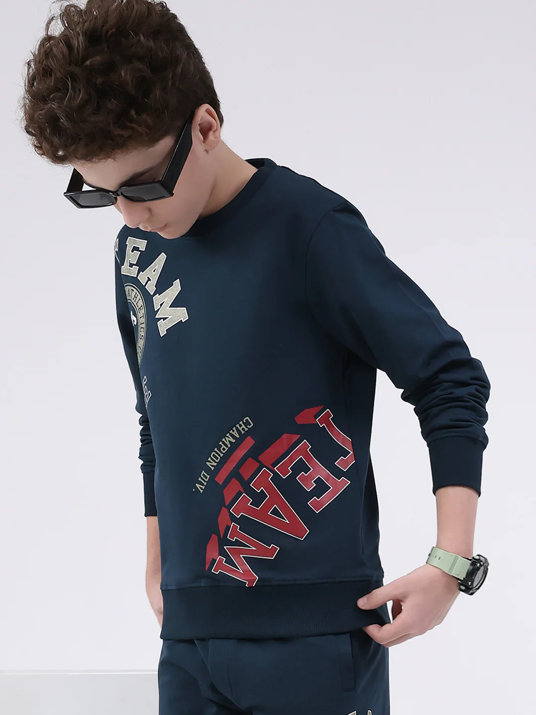 Boys Teal Blue Printed Round Neck Full Sleeve Cords Set - Image 6