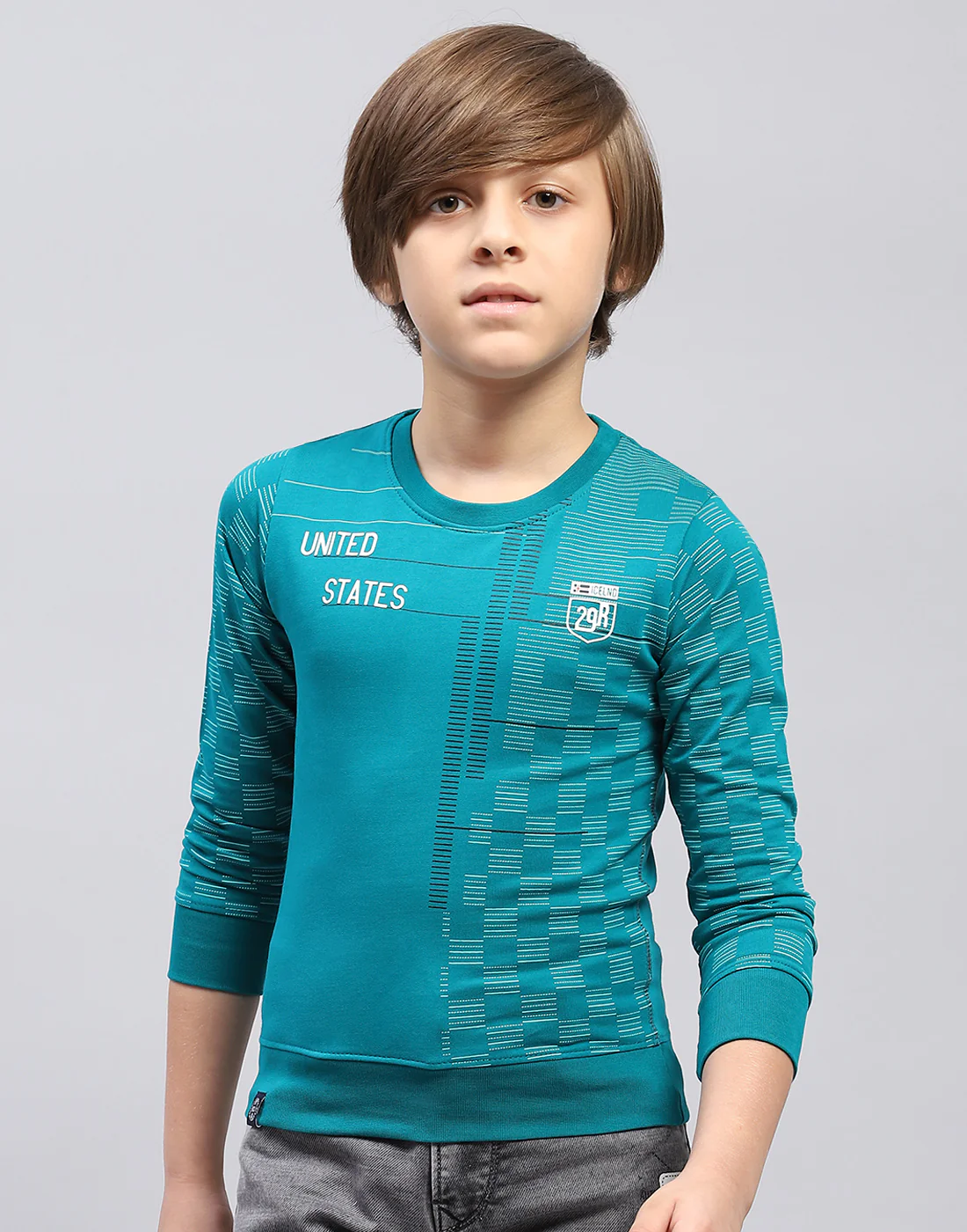 Boys Teal Blue Printed Round Neck Full Sleeve Sweatshirt - Image 2