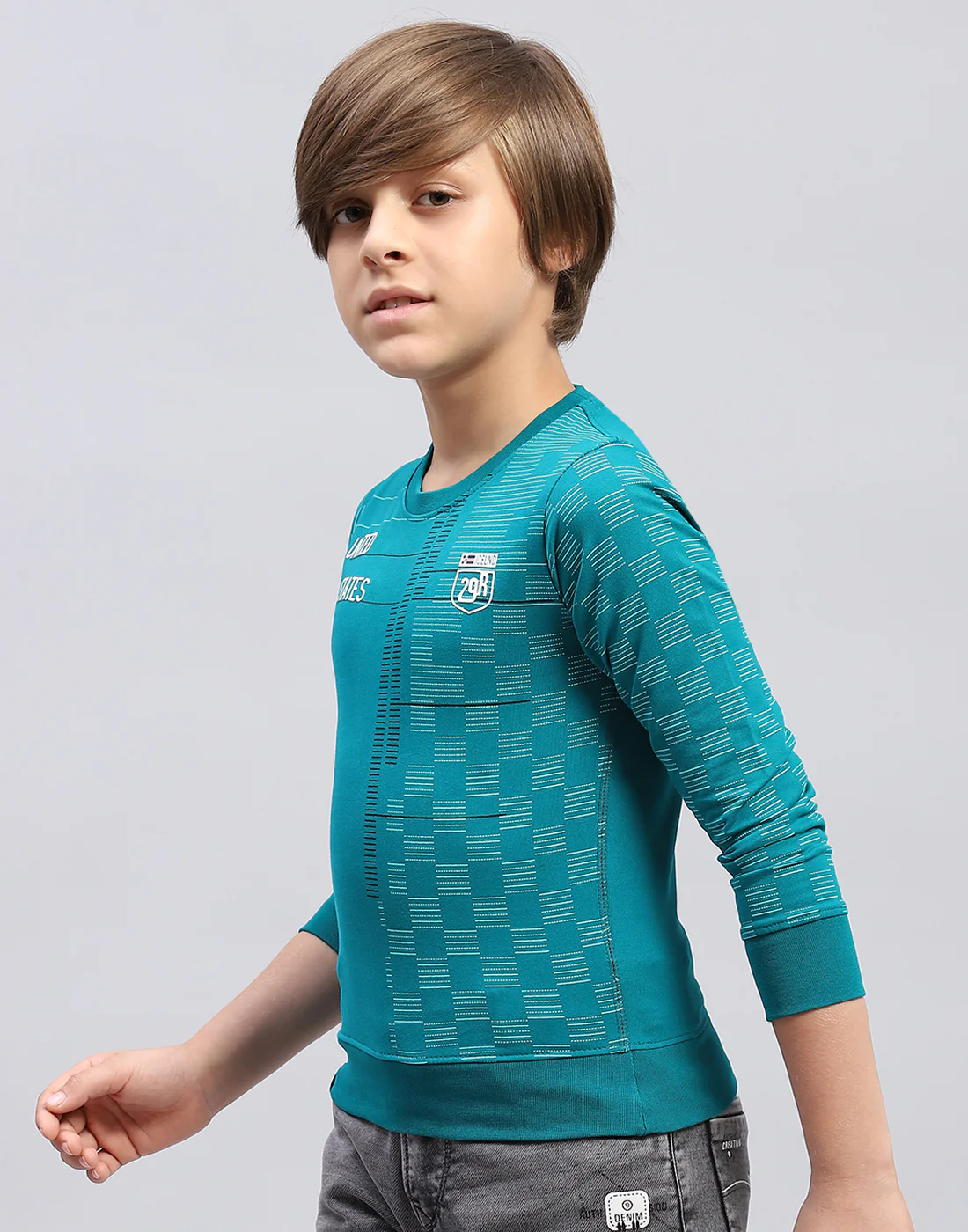 Boys Teal Blue Printed Round Neck Full Sleeve Sweatshirt - Image 3
