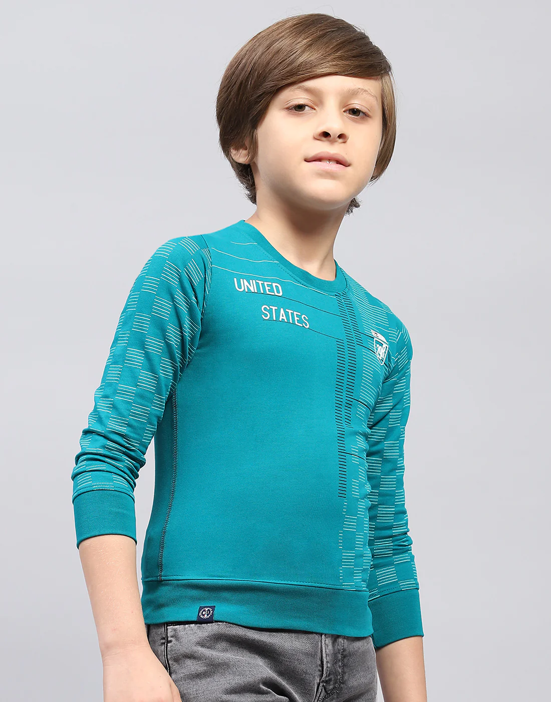 Boys Teal Blue Printed Round Neck Full Sleeve Sweatshirt - Image 4