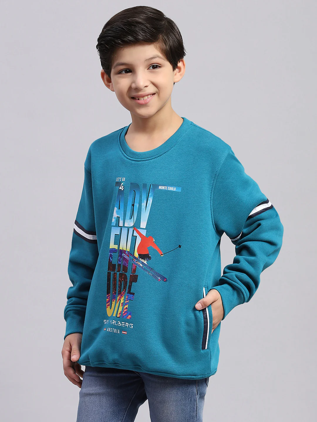 Boys Teal Blue Printed Round Neck Full Sleeve Sweatshirt - Image 4