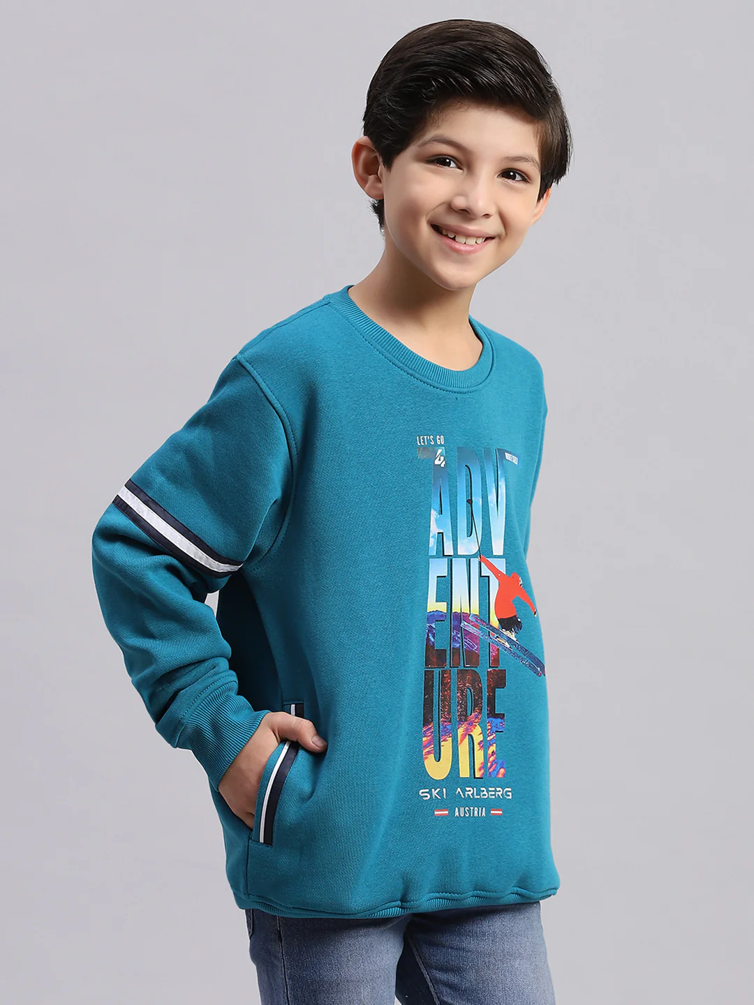 Boys Teal Blue Printed Round Neck Full Sleeve Sweatshirt - Image 6