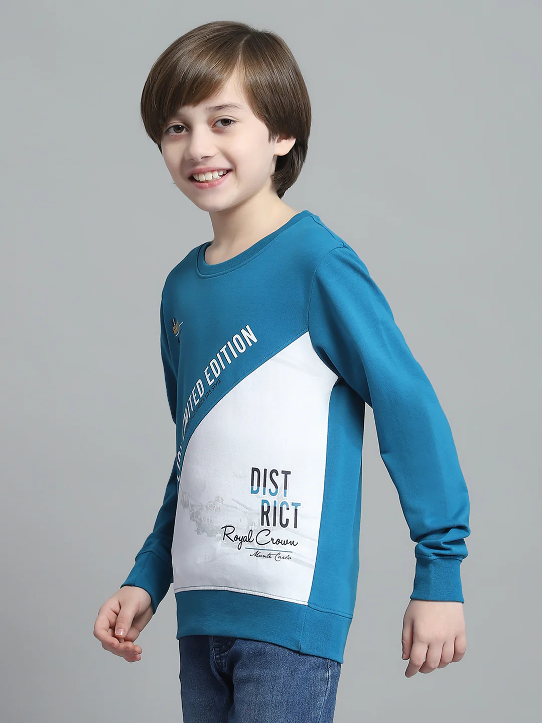 Boys Teal Blue Printed Round Neck Full Sleeve Sweatshirt - Image 3