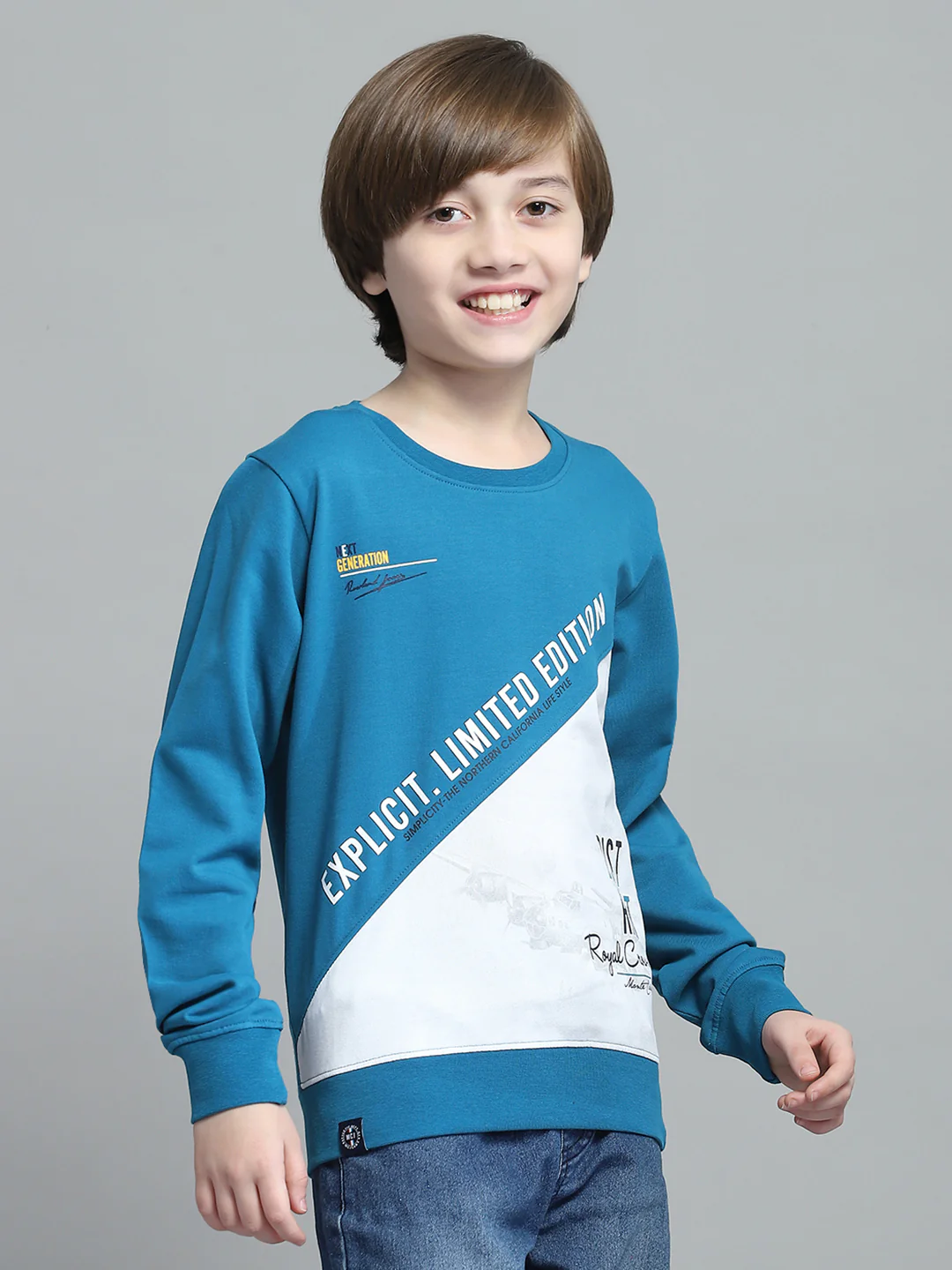 Boys Teal Blue Printed Round Neck Full Sleeve Sweatshirt - Image 4