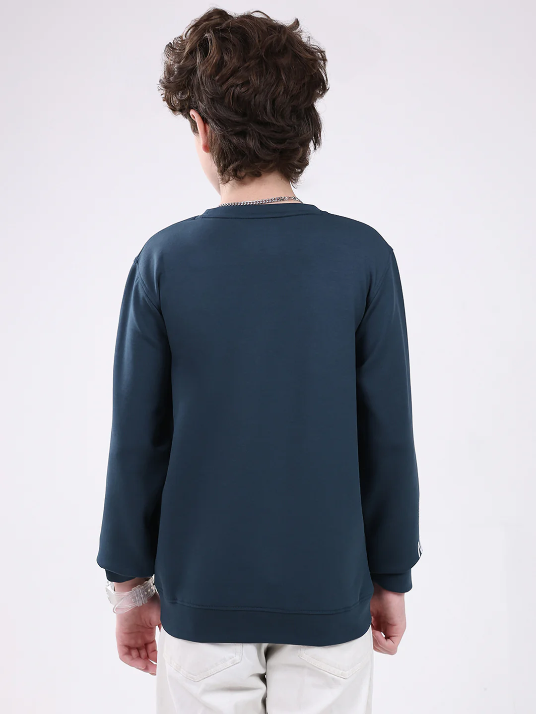 Boys Teal Blue Printed Round Neck Full Sleeve Sweatshirt - Image 5