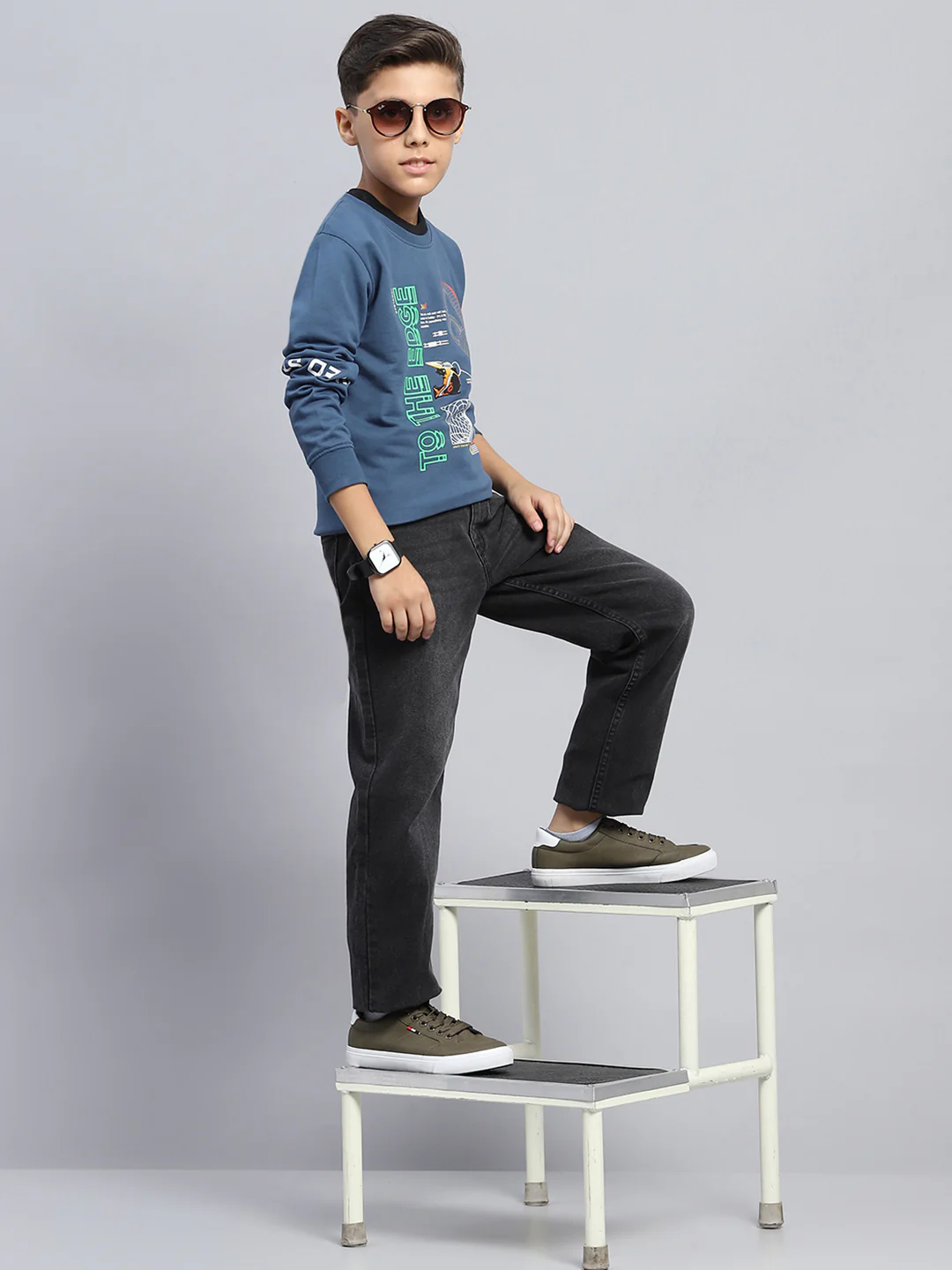 Boys Teal Blue Printed Round Neck Full Sleeve T-Shirt - Image 2