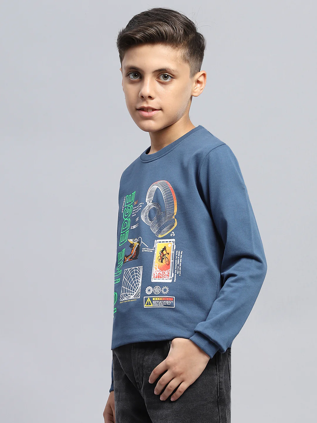 Boys Teal Blue Printed Round Neck Full Sleeve T-Shirt - Image 3