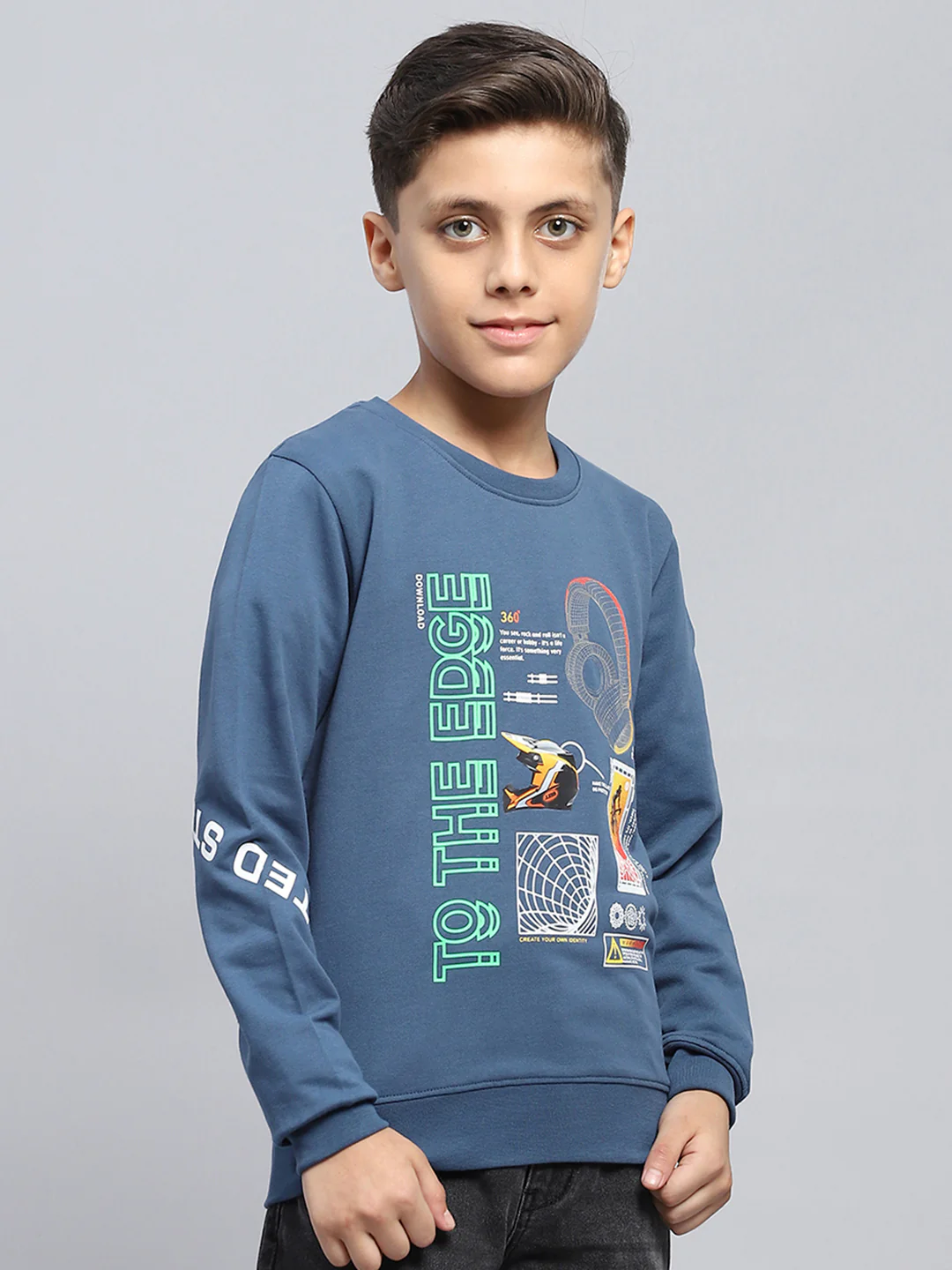 Boys Teal Blue Printed Round Neck Full Sleeve T-Shirt - Image 4