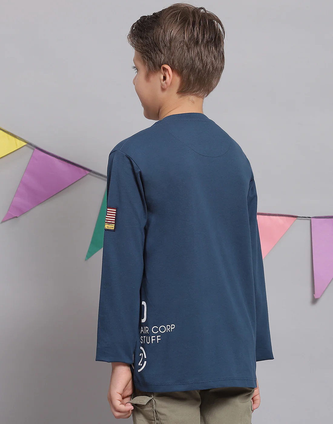 Boys Teal Blue Printed Round Neck Full Sleeve T-Shirts - Image 6