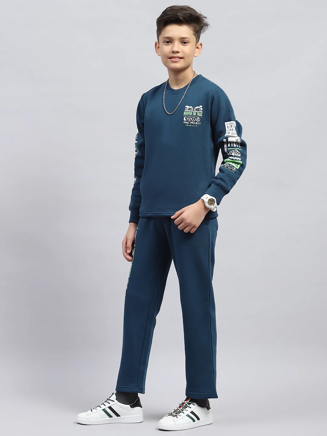 Boys Teal Blue Printed Round Neck Full Sleeve Tracksuit - Image 3