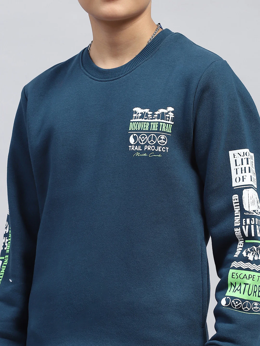 Boys Teal Blue Printed Round Neck Full Sleeve Tracksuit - Image 6