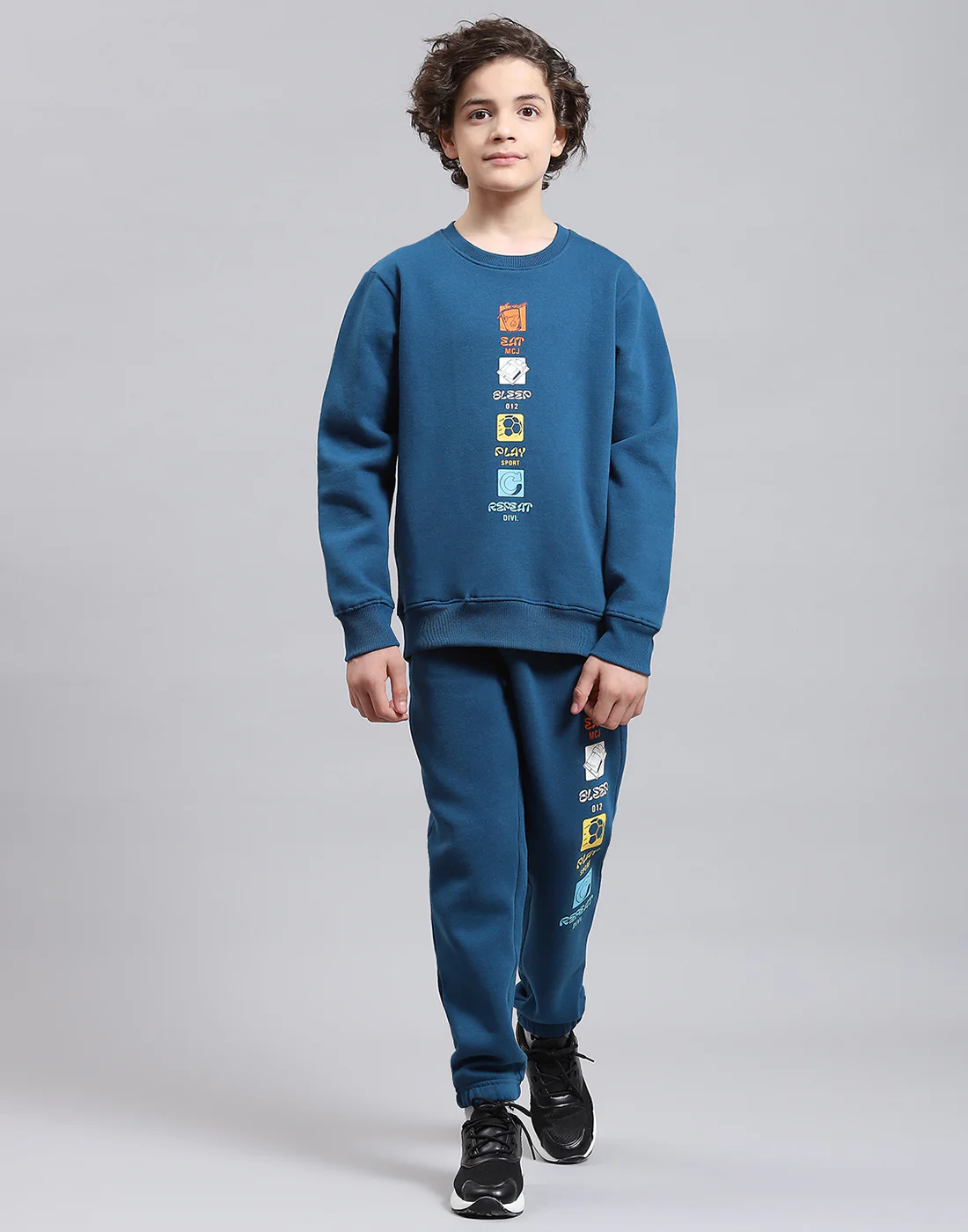 Boys Teal Blue Printed Round Neck Full Sleeve Tracksuits - Image 2