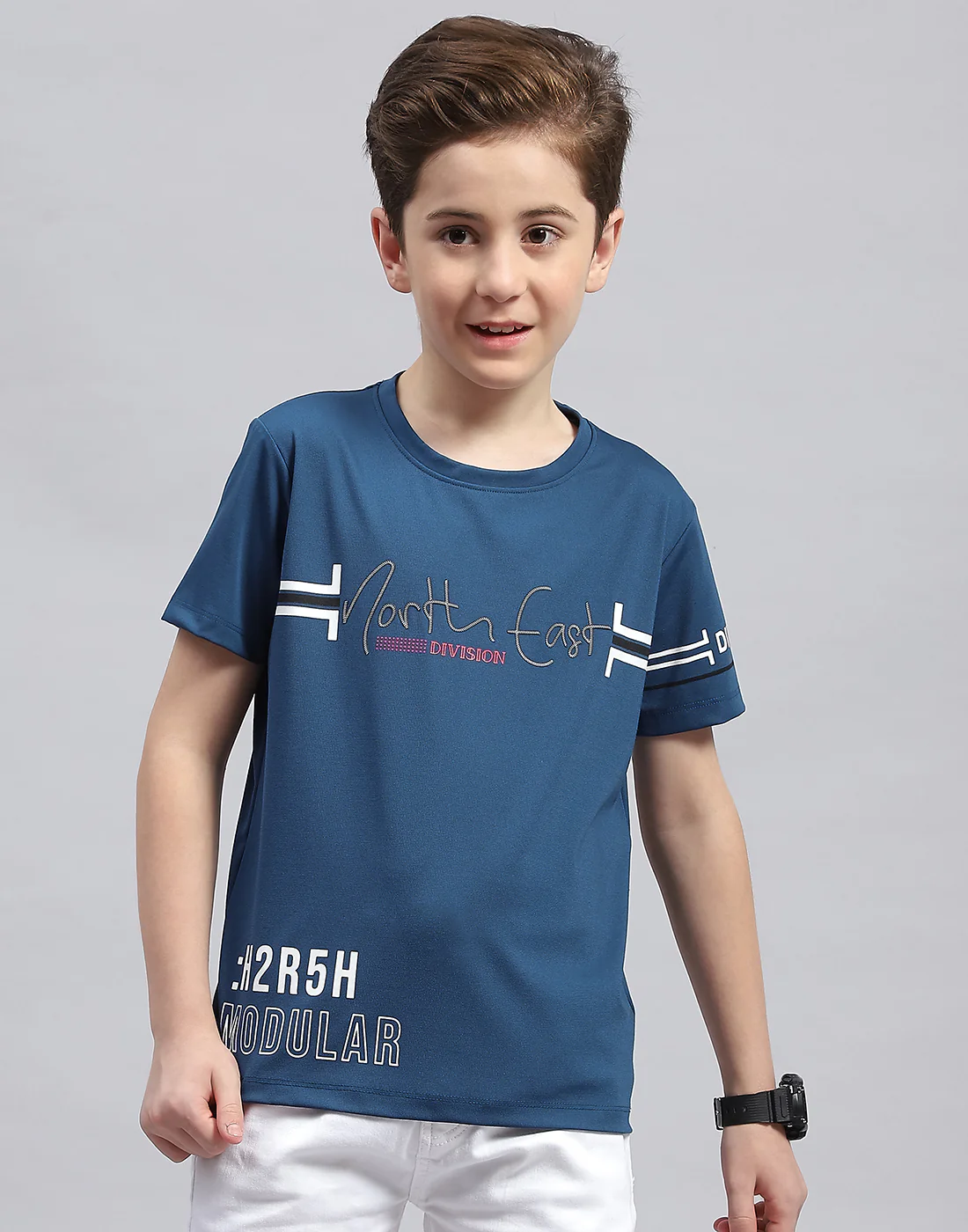 Boys Teal Blue Printed Round Neck Half Sleeve T-Shirt - Image 2
