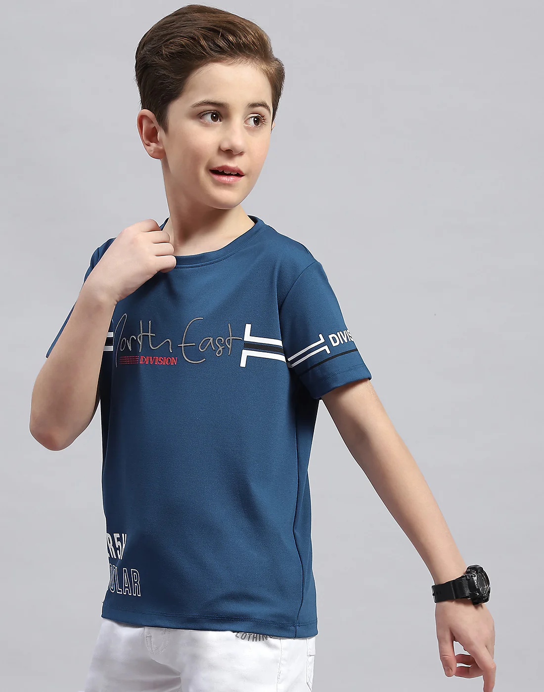 Boys Teal Blue Printed Round Neck Half Sleeve T-Shirt - Image 3