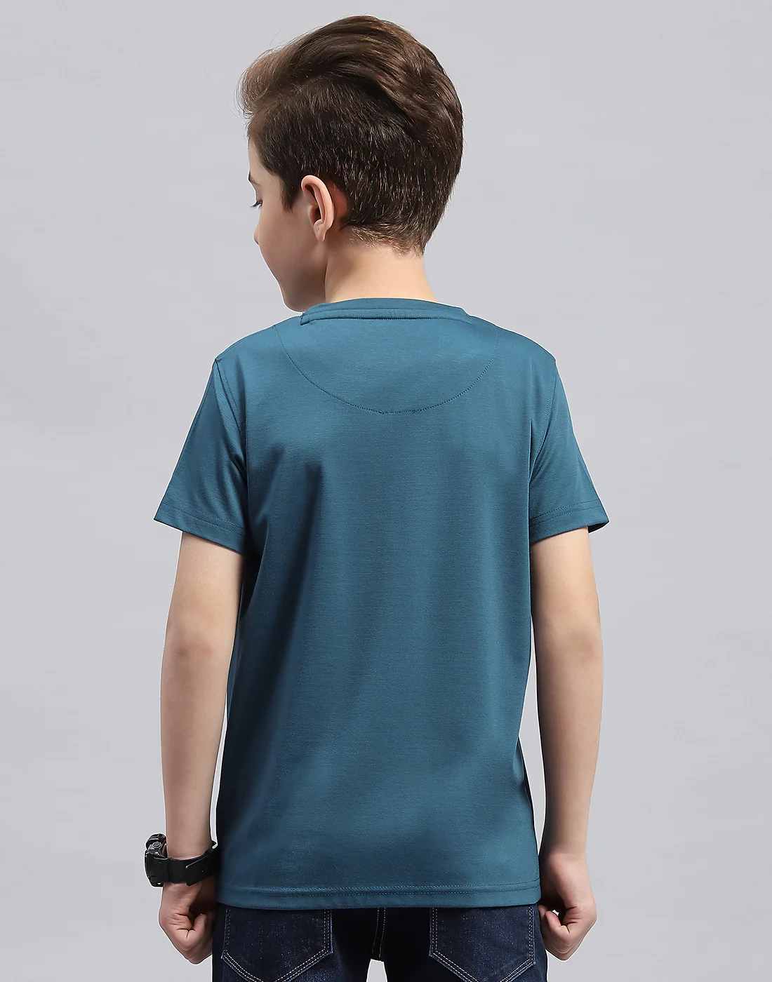 Boys Teal Blue Printed Round Neck Half Sleeve T-Shirt - Image 5