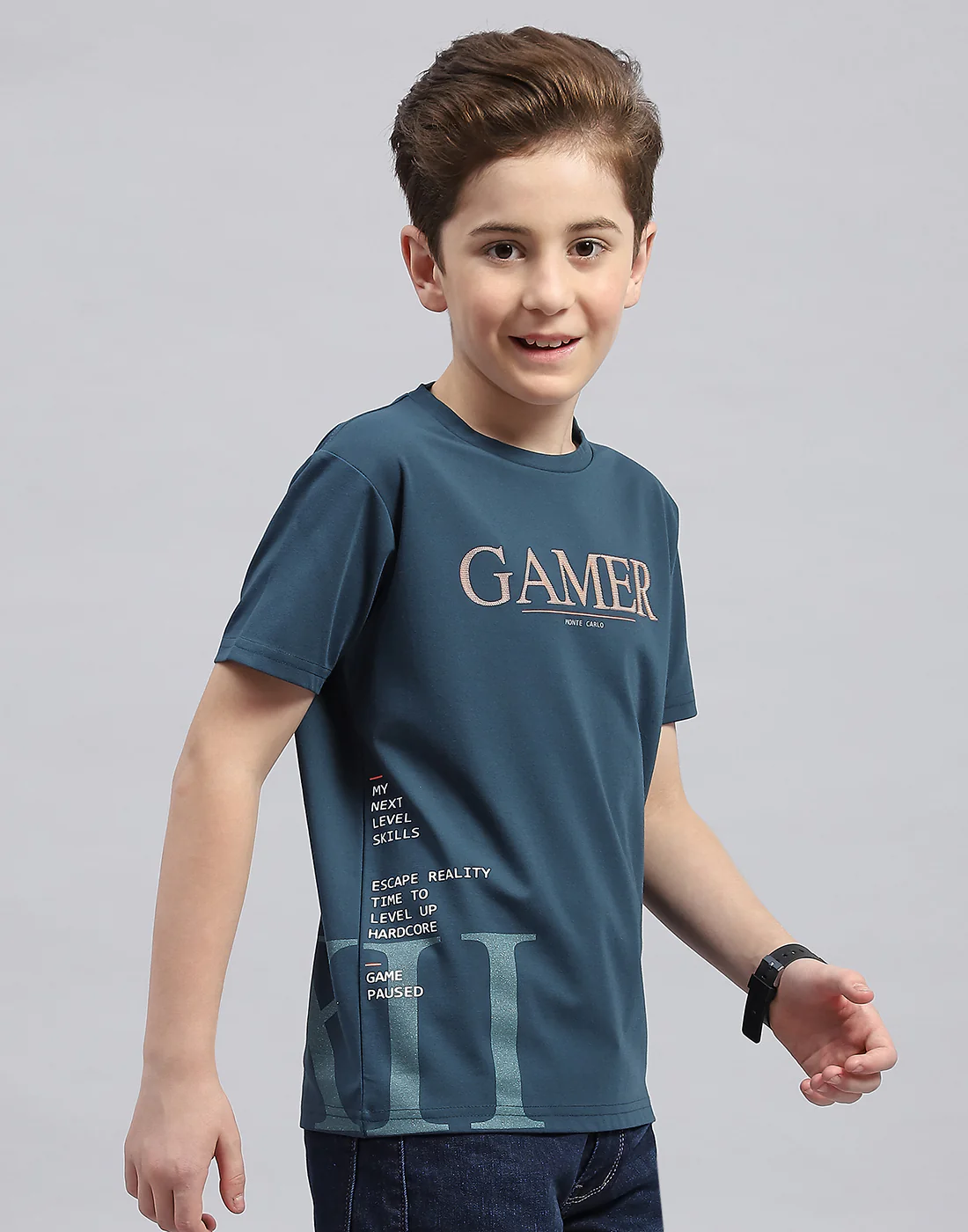 Boys Teal Blue Printed Round Neck Half Sleeve T-Shirt - Image 4