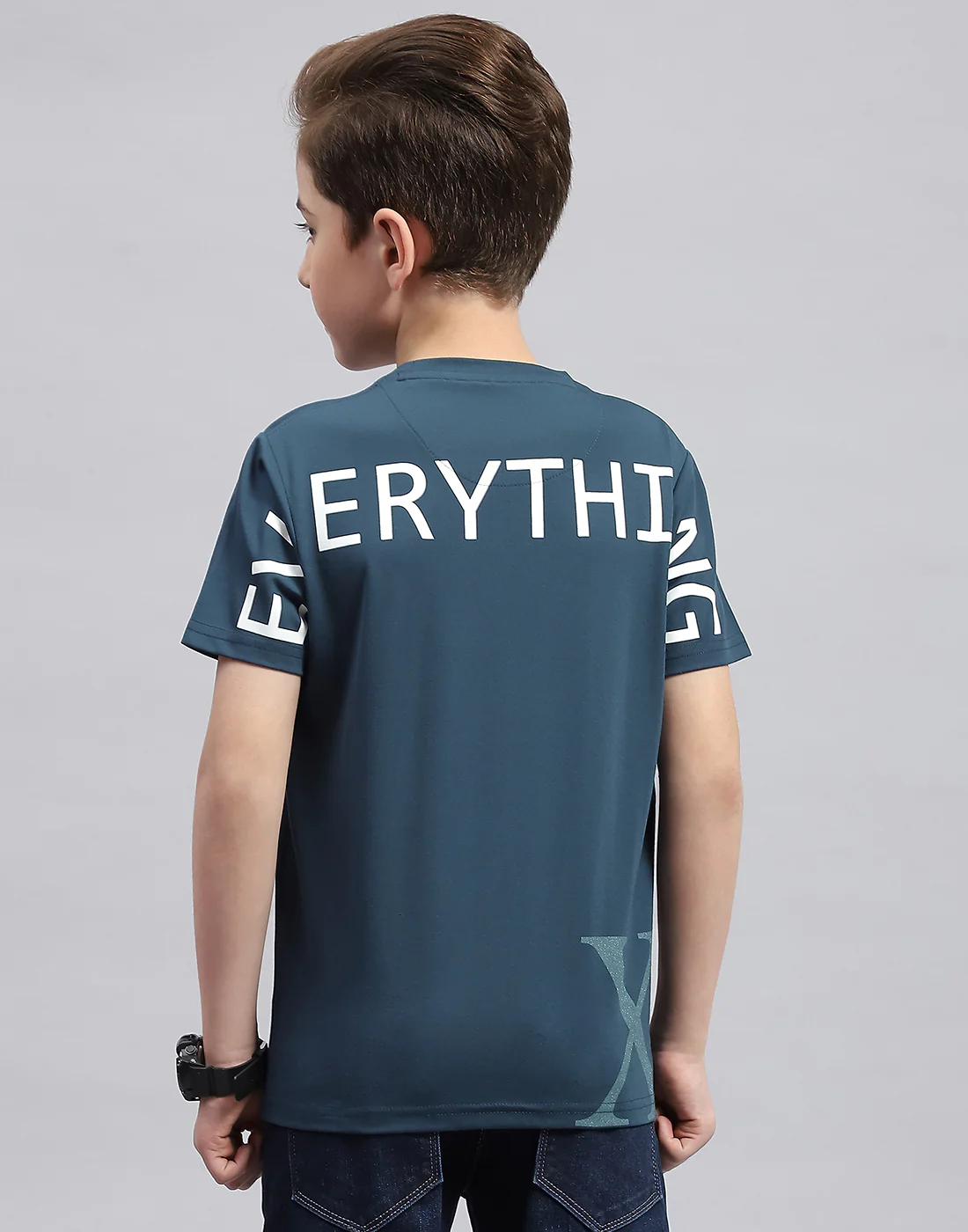 Boys Teal Blue Printed Round Neck Half Sleeve T-Shirt - Image 5