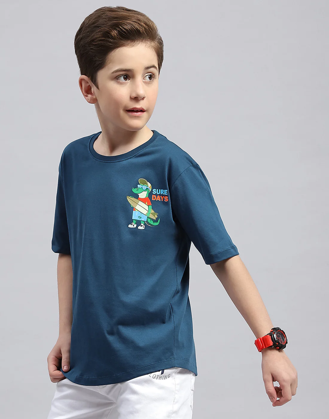 Boys Teal Blue Printed Round Neck Half Sleeve T-Shirt - Image 3
