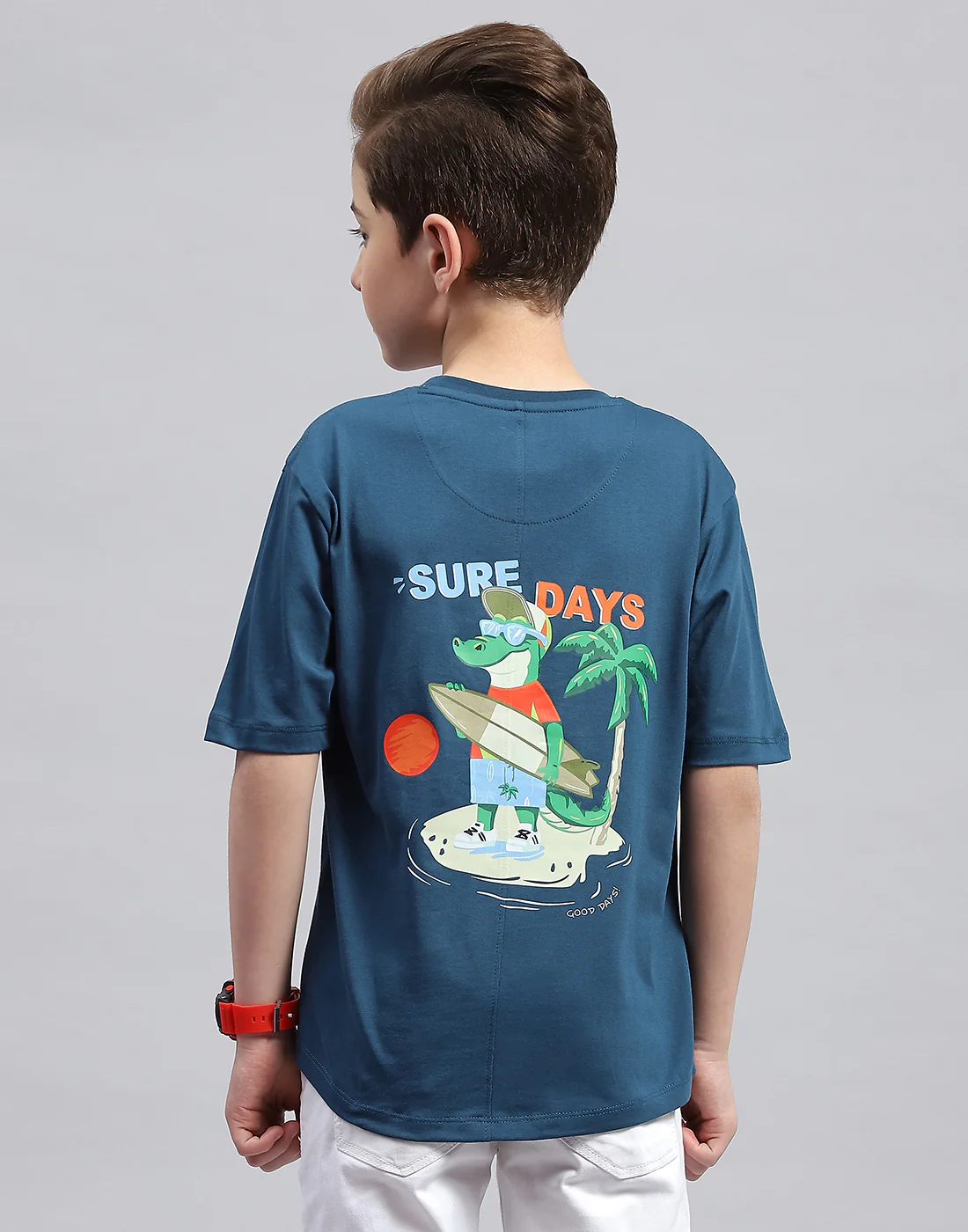 Boys Teal Blue Printed Round Neck Half Sleeve T-Shirt - Image 5