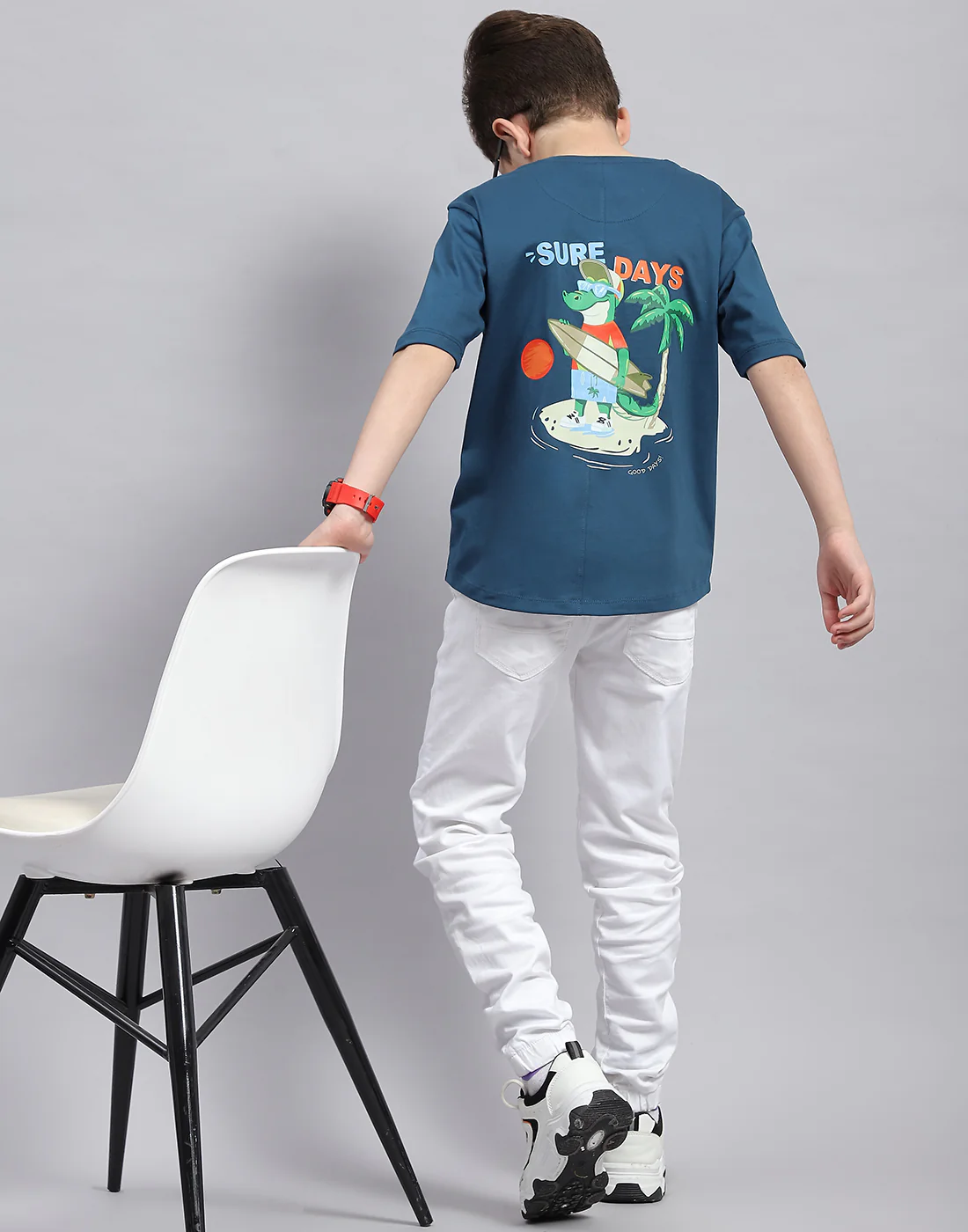 Boys Teal Blue Printed Round Neck Half Sleeve T-Shirt - Image 6